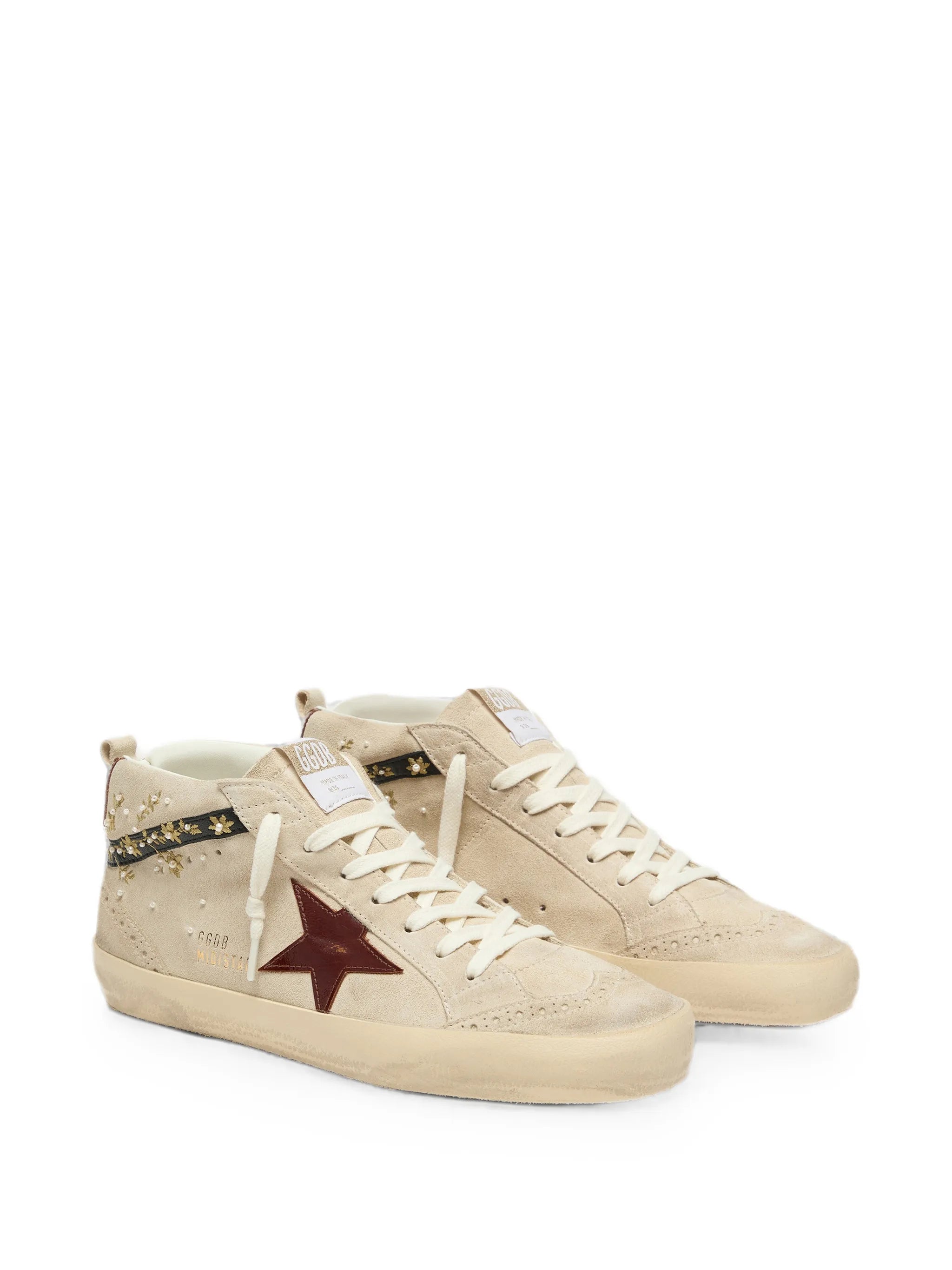 Mid Star in pearl suede with burgundy leather star and embroidery inserts sneakers