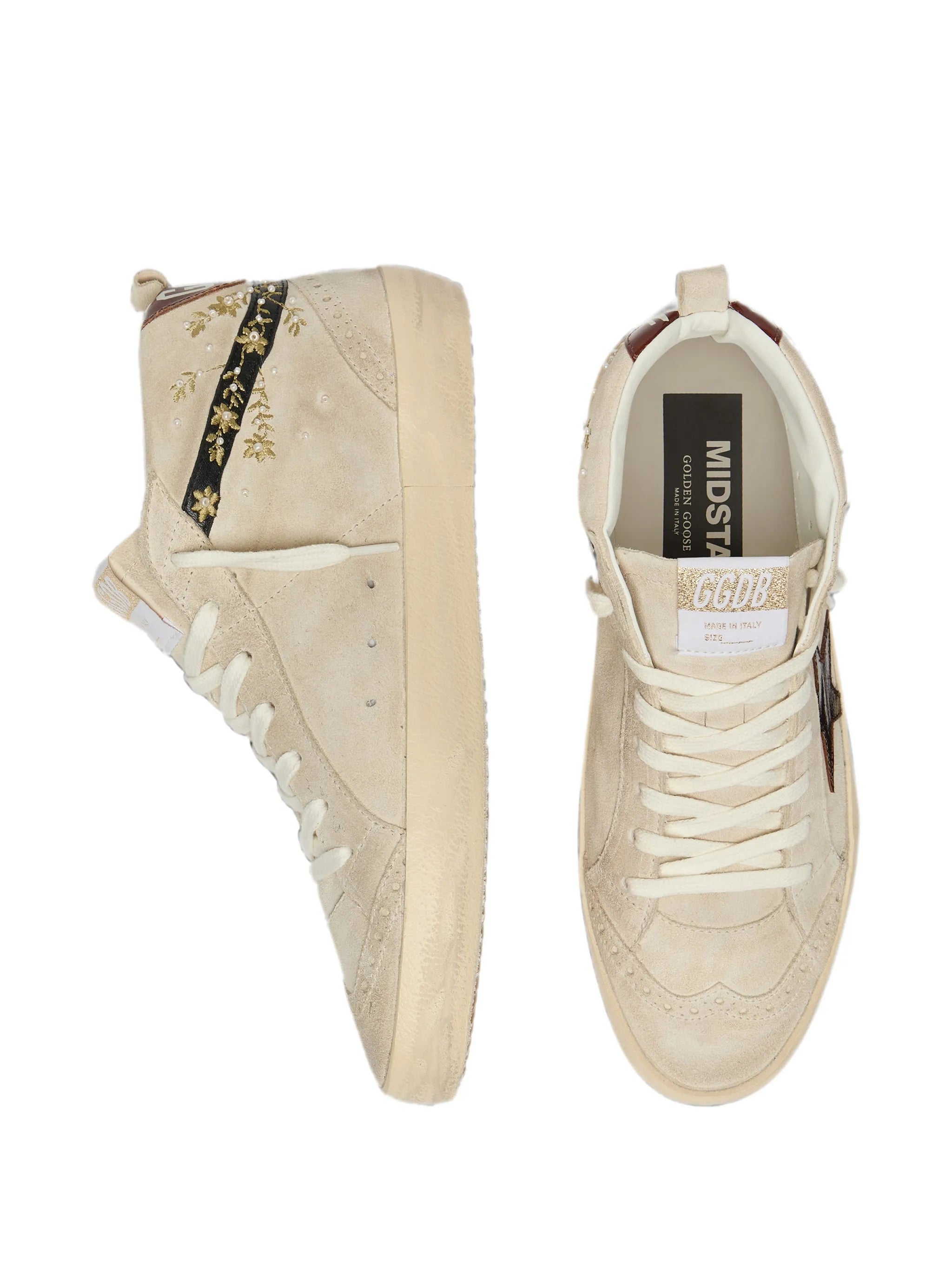 Mid Star in pearl suede with burgundy leather star and embroidery inserts sneakers