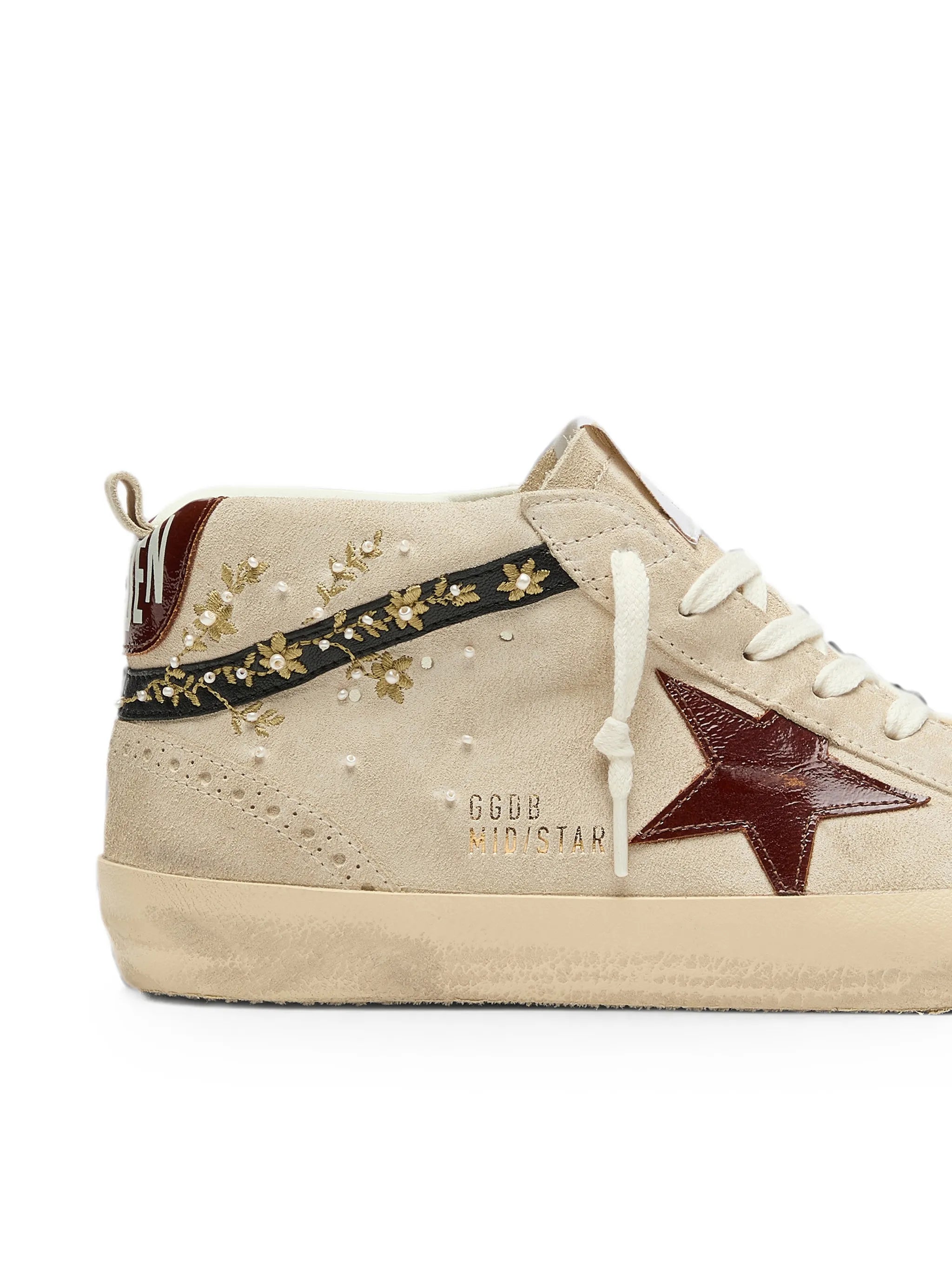 Mid Star in pearl suede with burgundy leather star and embroidery inserts sneakers