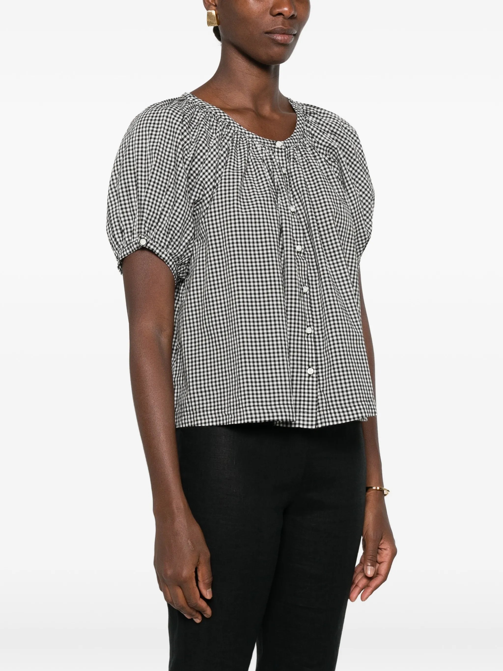 June gingham-check puff-sleeve top