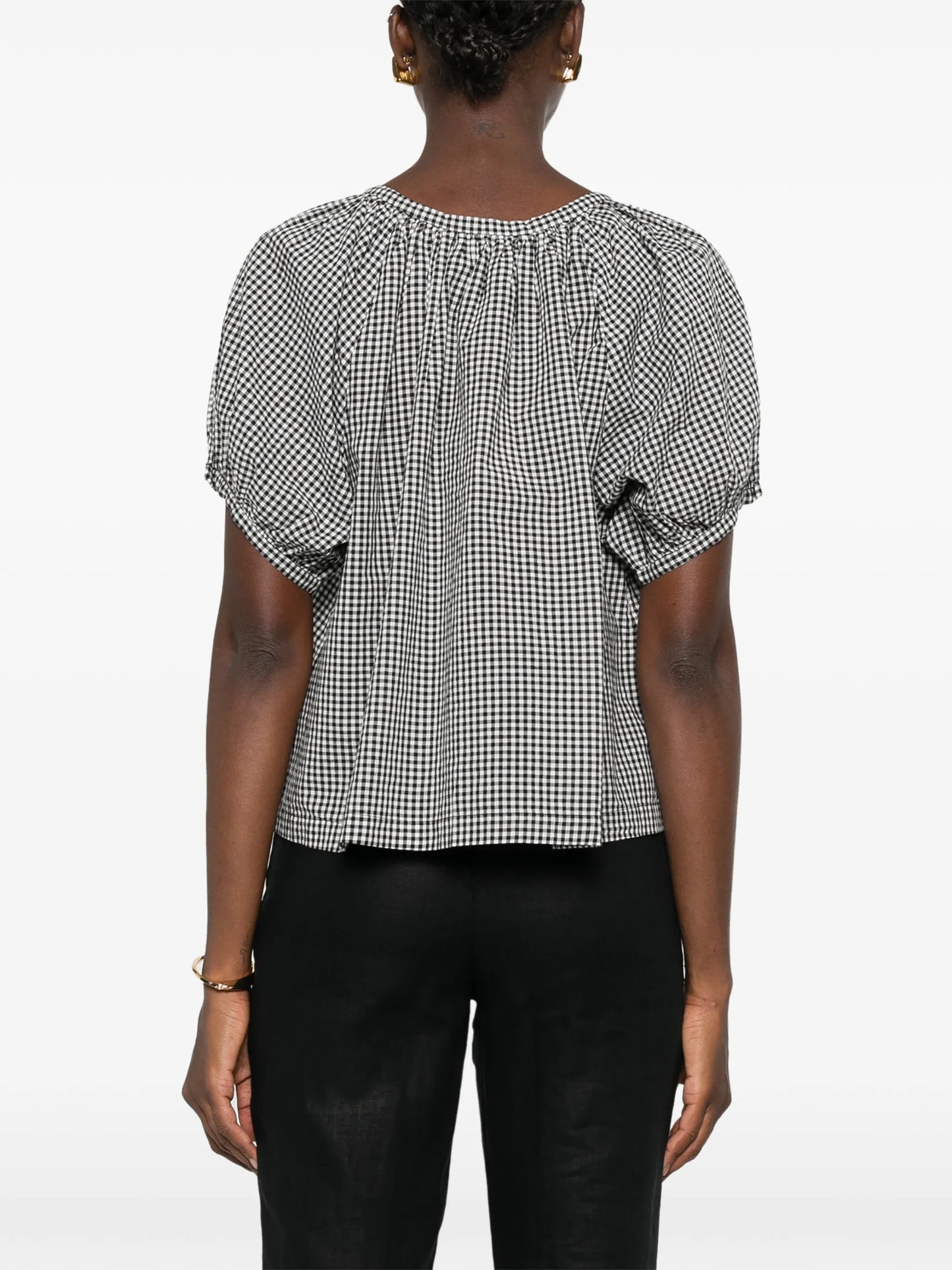 June gingham-check puff-sleeve top