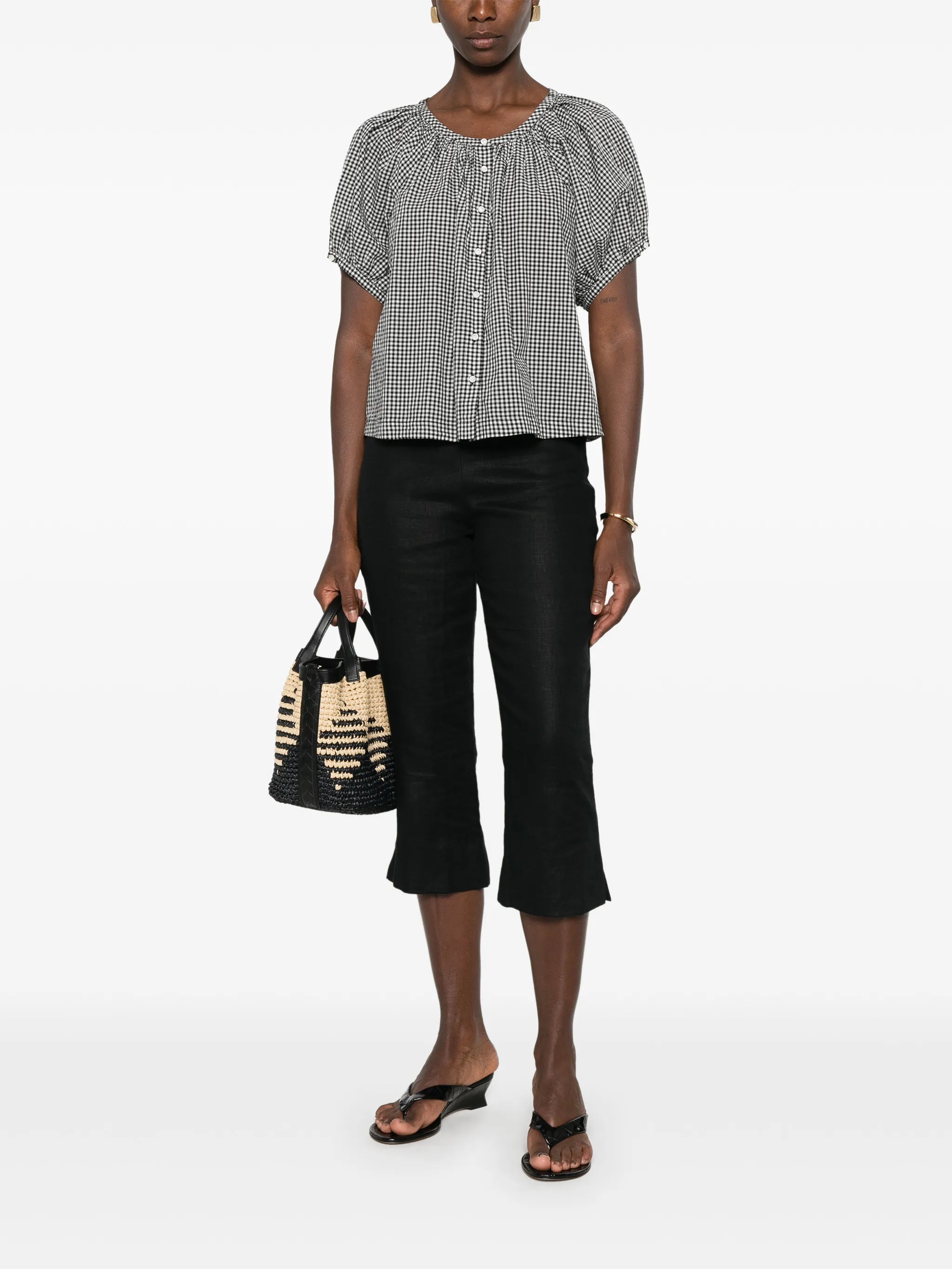 June gingham-check puff-sleeve top