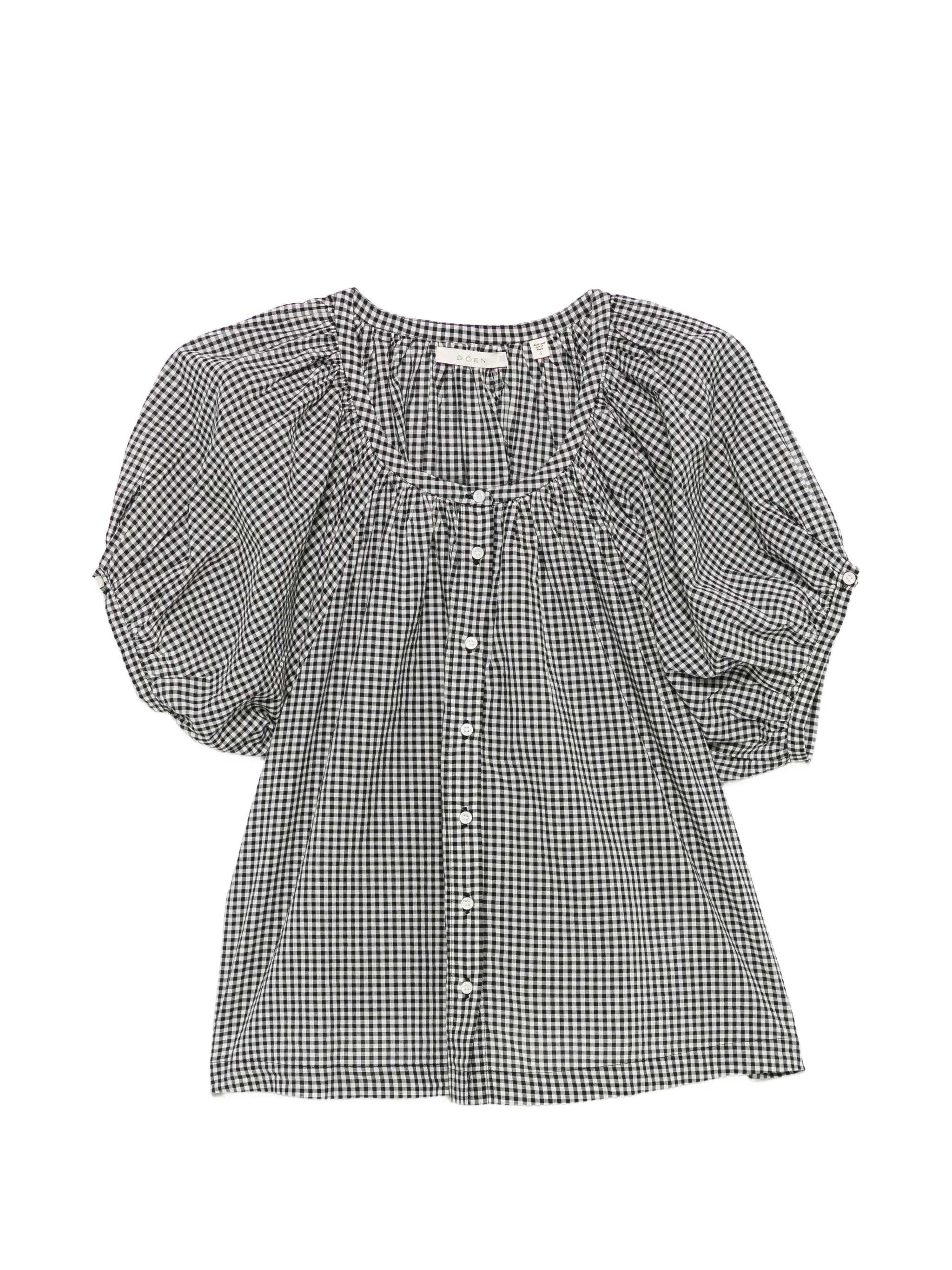 June gingham-check puff-sleeve top