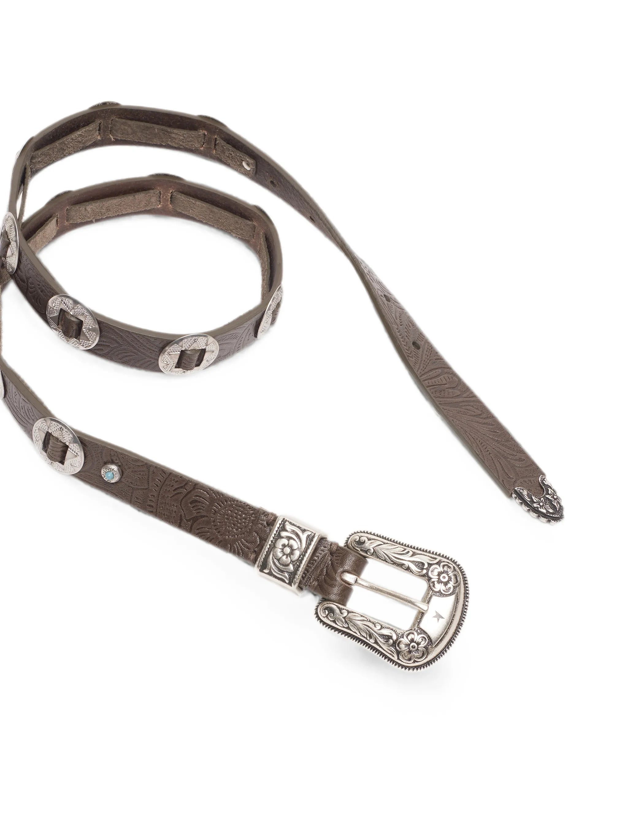 lace belt in washed brown-leather with raised floral-pattern and metal inlays