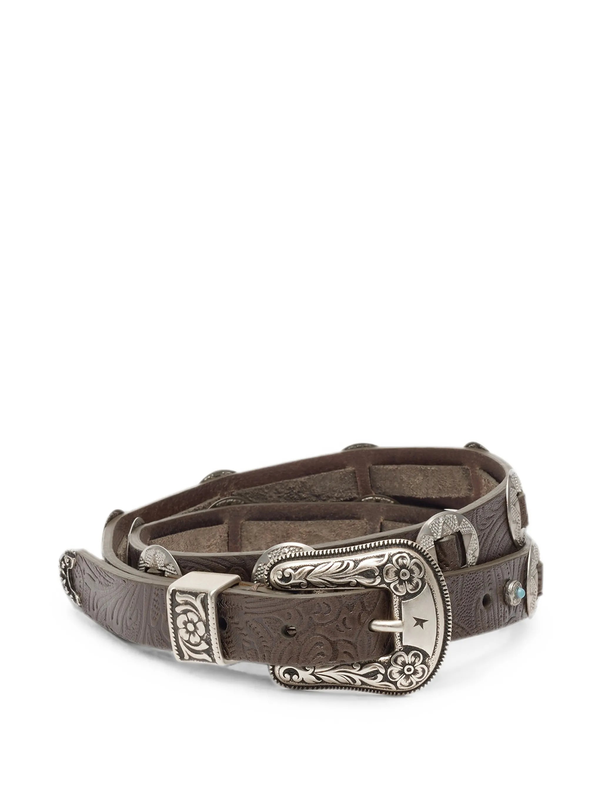 lace belt in washed brown-leather with raised floral-pattern and metal inlays