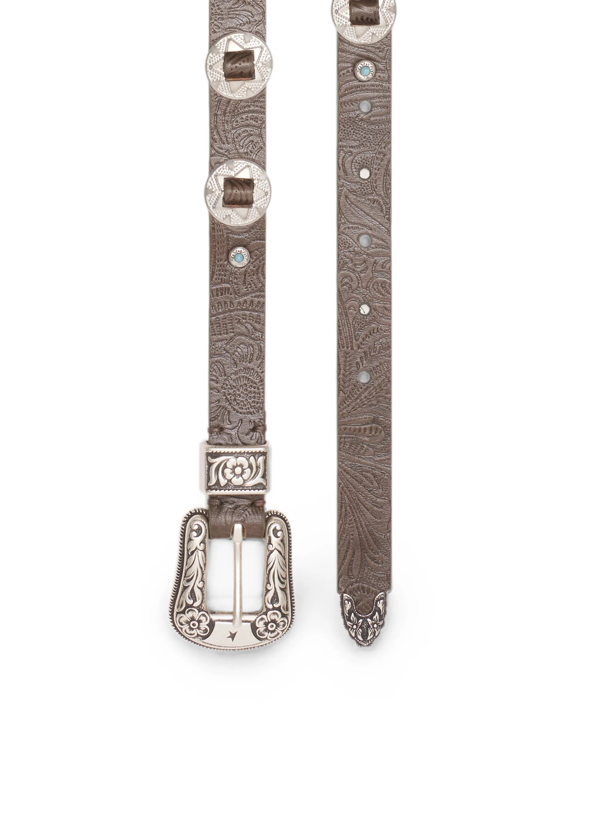 lace belt in washed brown-leather with raised floral-pattern and metal inlays
