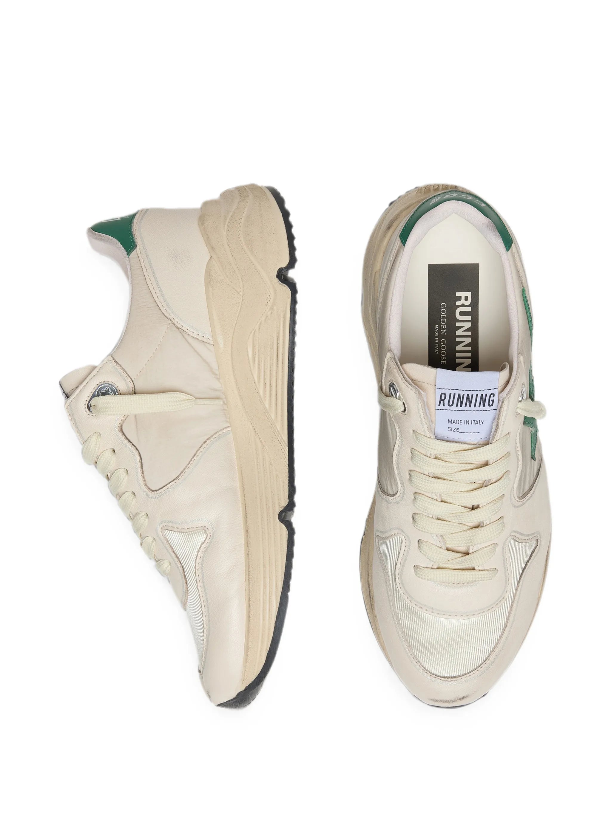 Running Sole in cream nylon and leather with green leather star sneakers