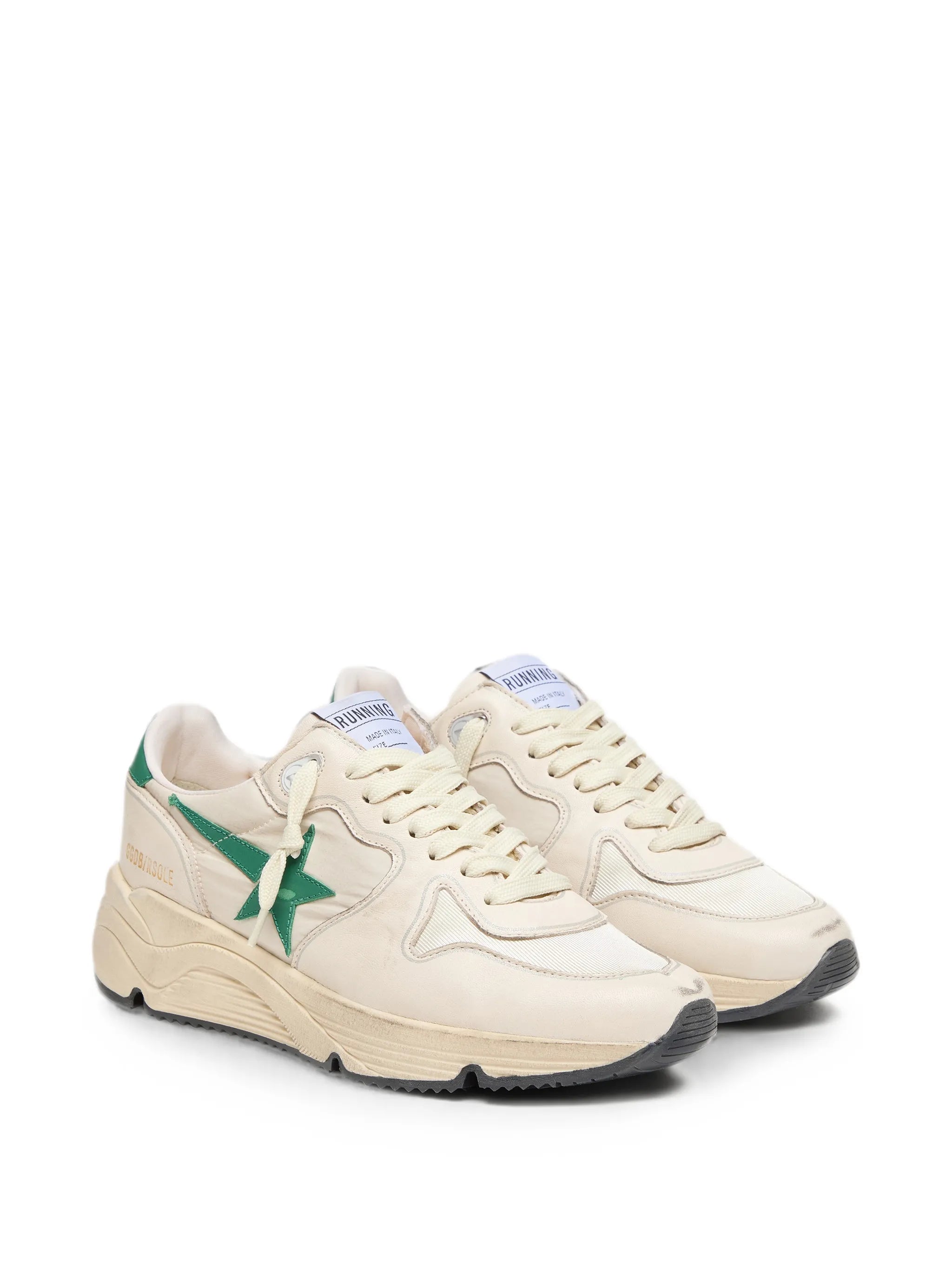 Running Sole in cream nylon and leather with green leather star sneakers
