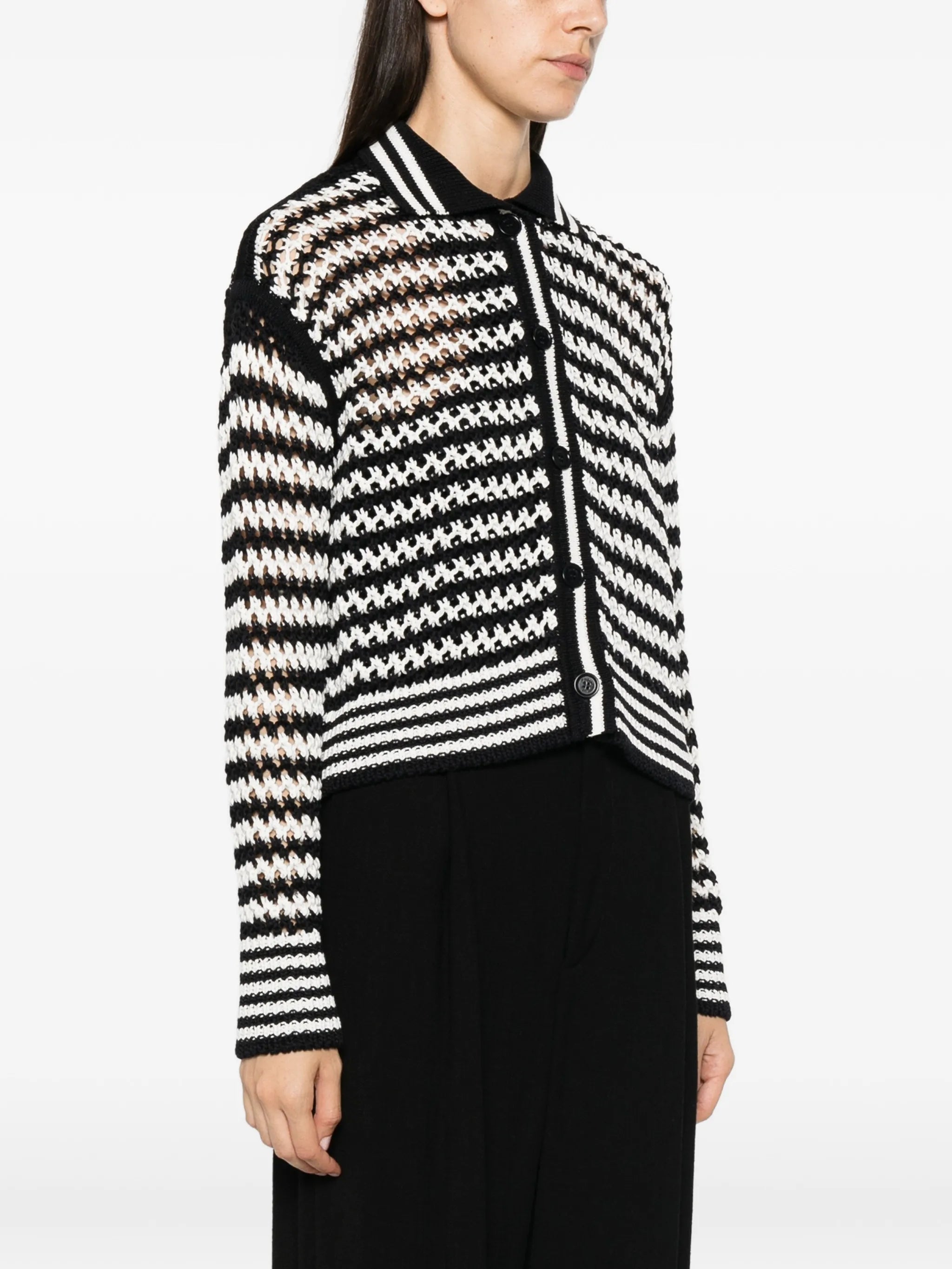 pinstripe-pattern crochet-knit cardigan