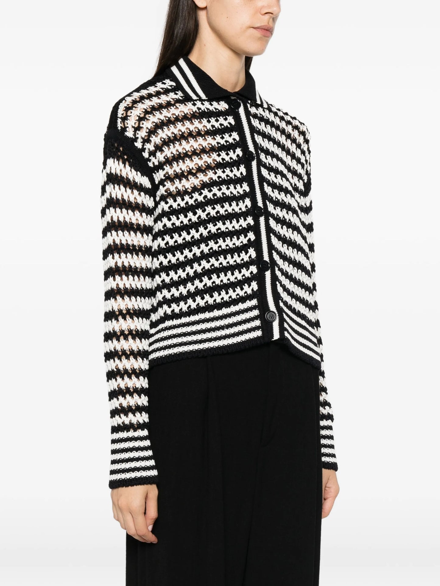 pinstripe-pattern crochet-knit cardigan