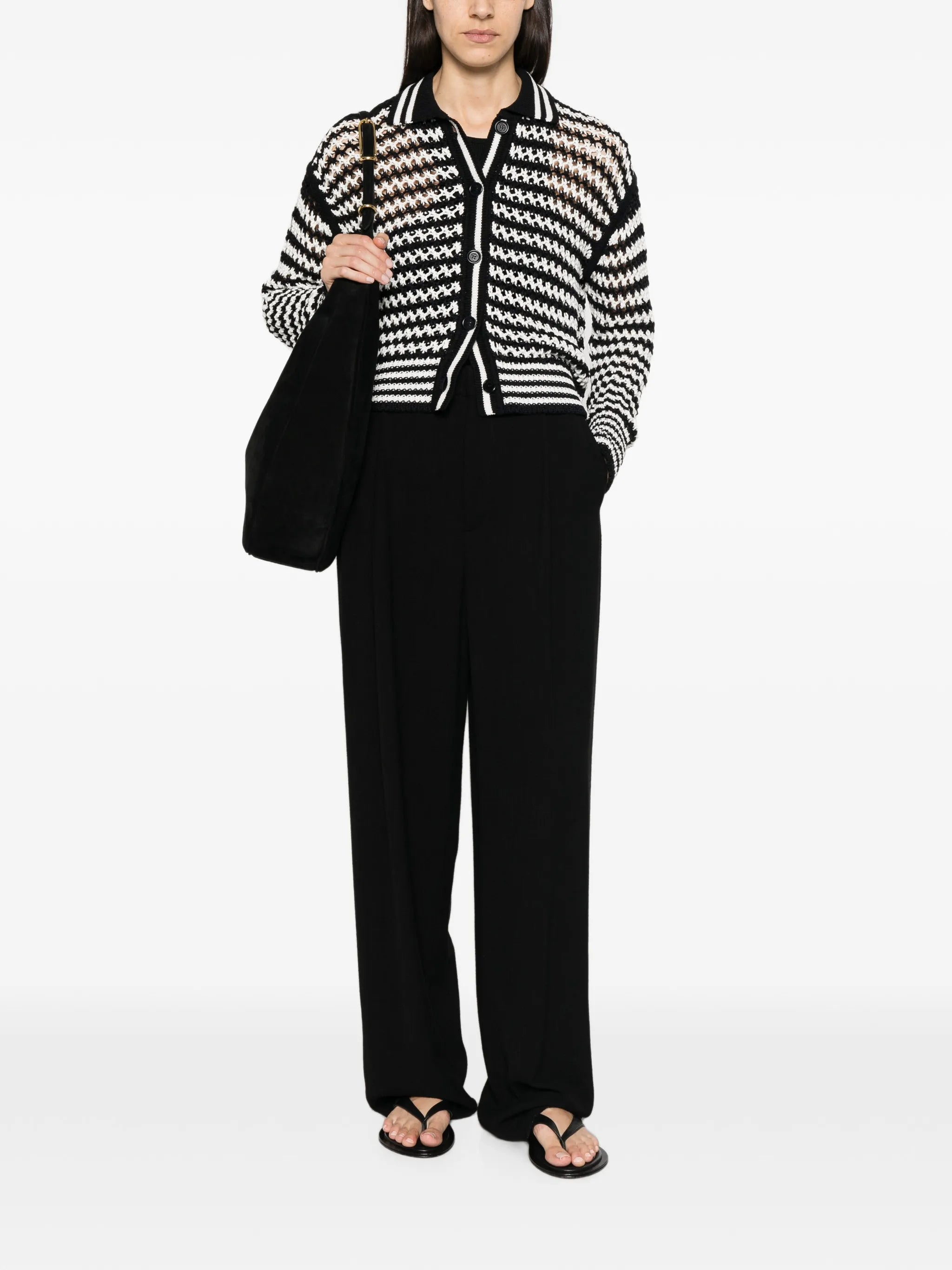 pinstripe-pattern crochet-knit cardigan