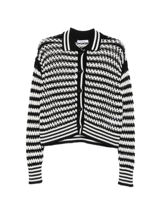 pinstripe-pattern crochet-knit cardigan