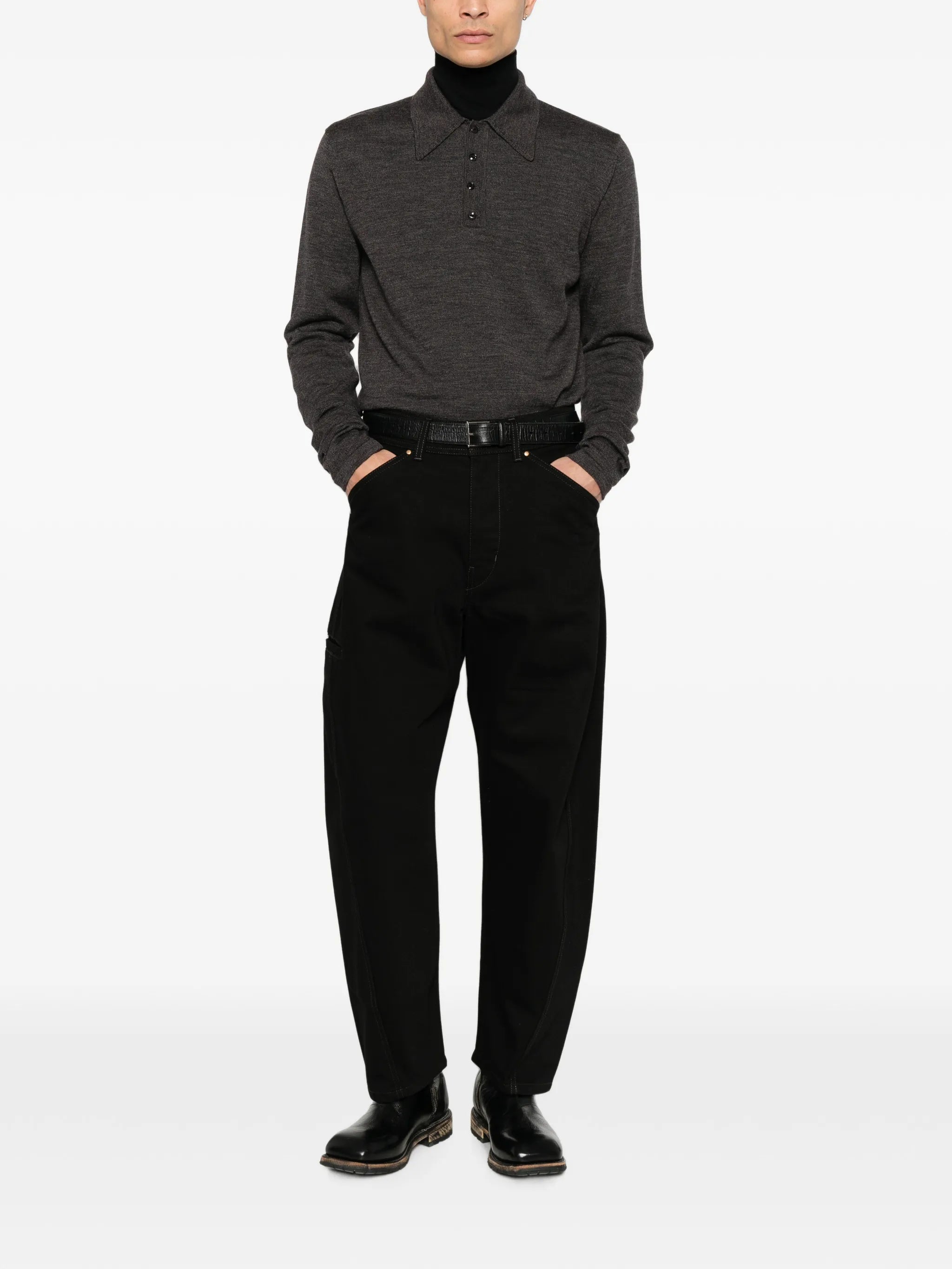 long-sleeve polo in fine mouliné merino wool