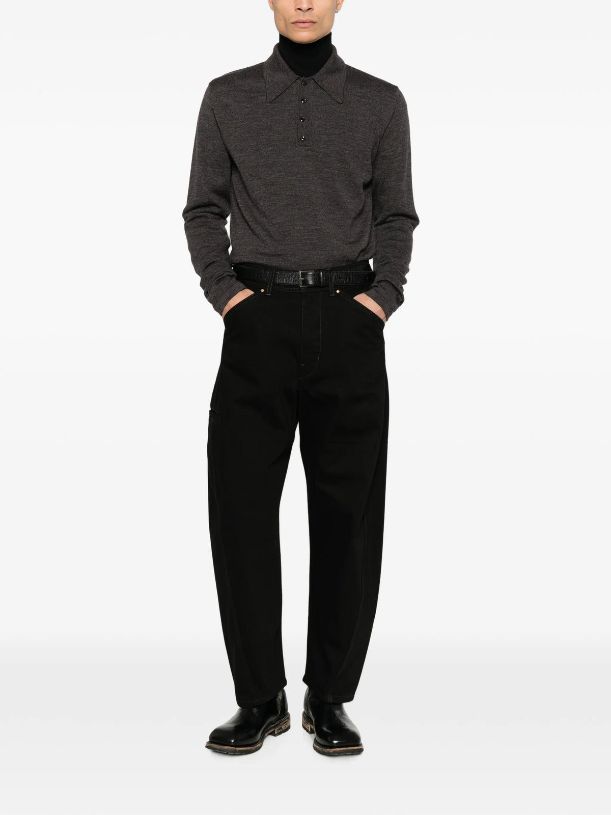 long-sleeve polo in fine mouliné merino wool
