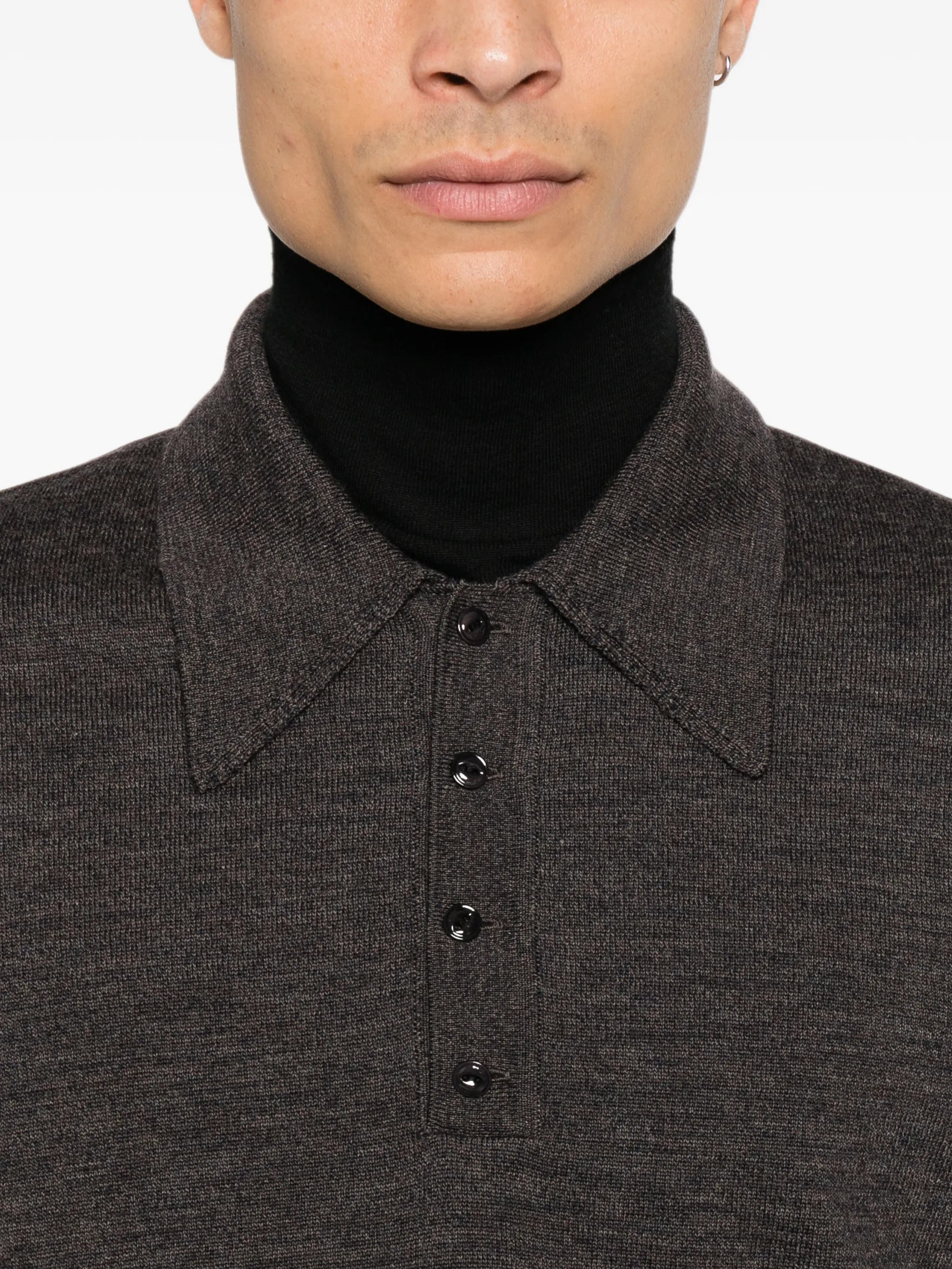 long-sleeve polo in fine mouliné merino wool