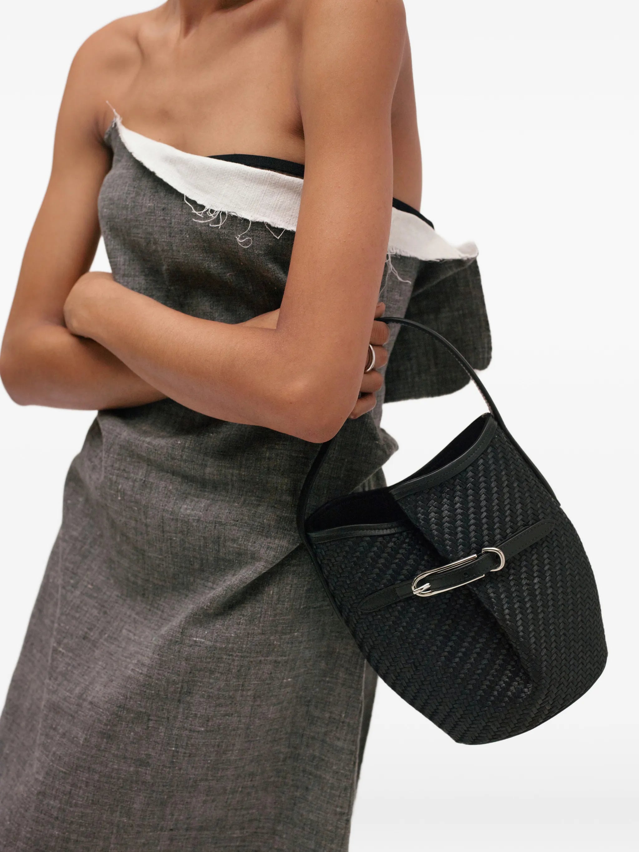 belted bucket bag mini black Raffia