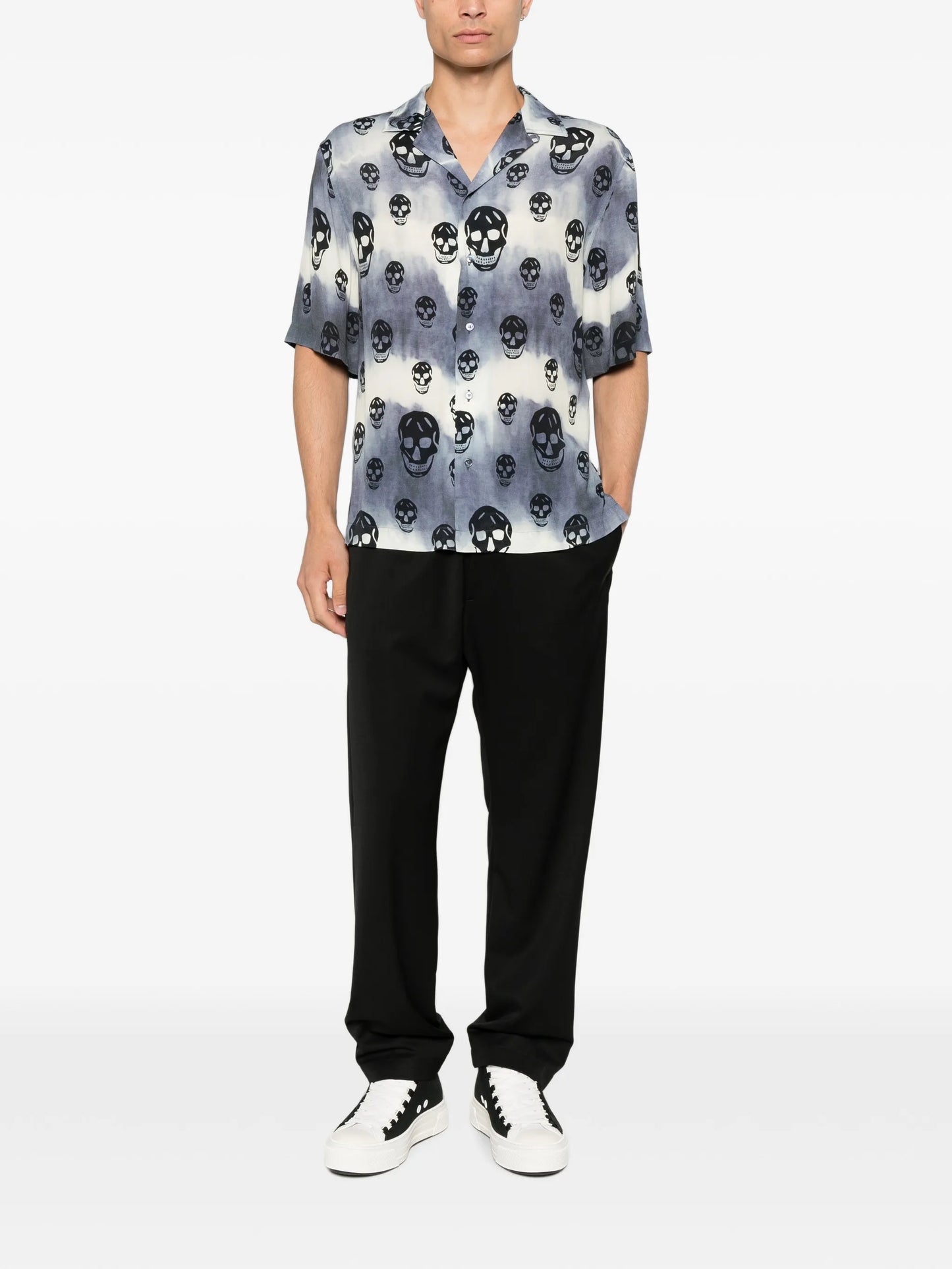 tie-dye Skull hawaiian shirt in indigo/ivory
