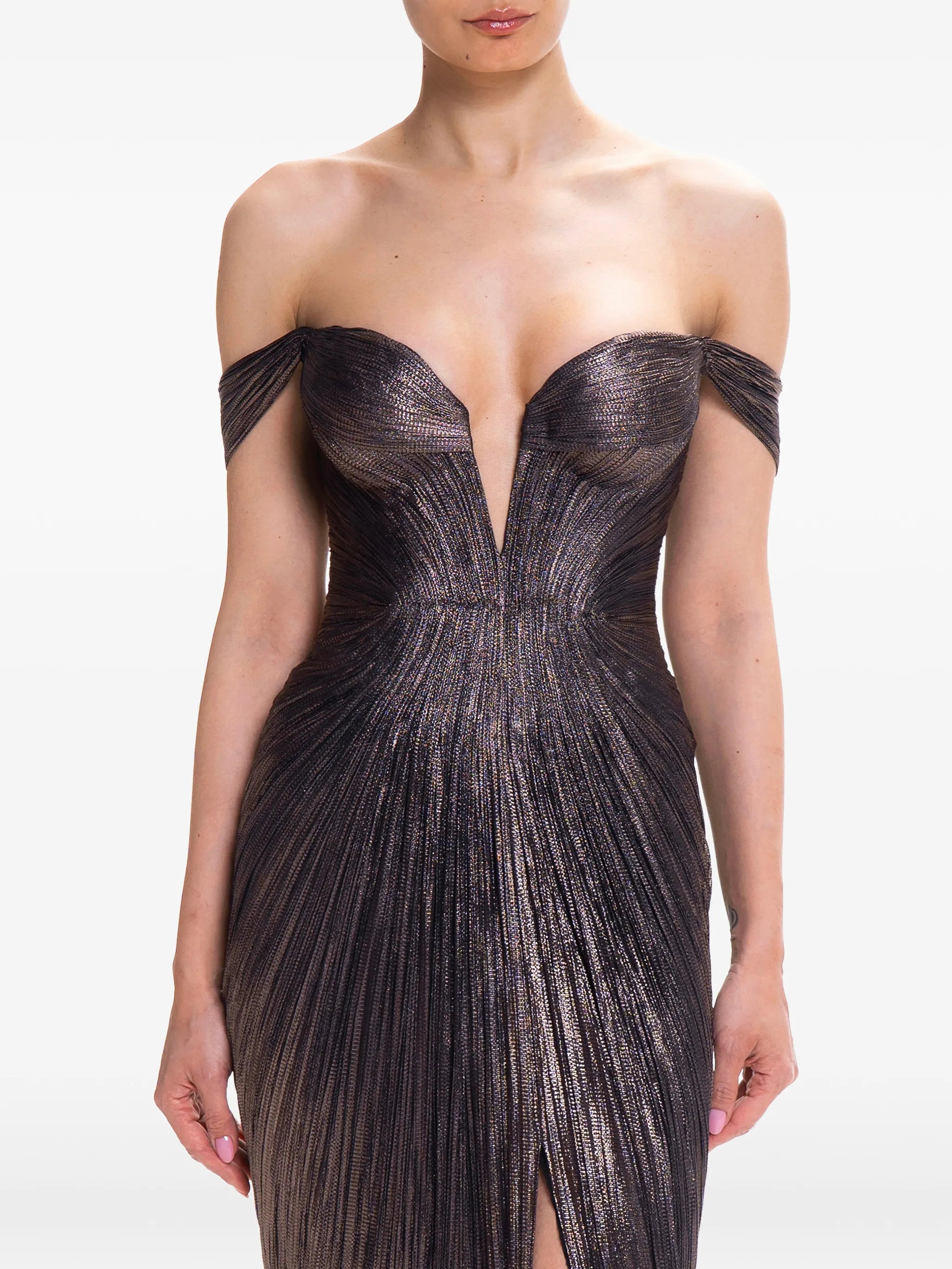 off-shoulder pleated maxi dress