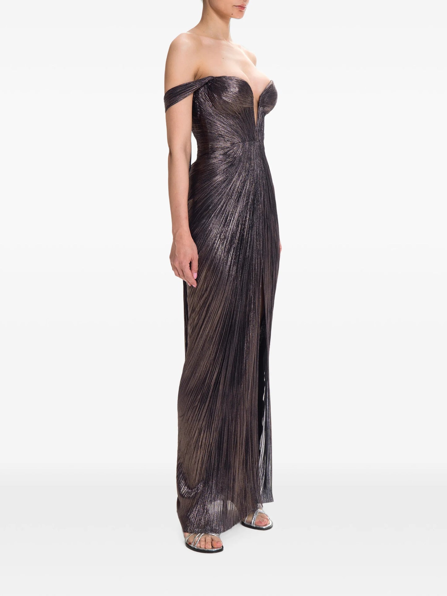 off-shoulder pleated maxi dress