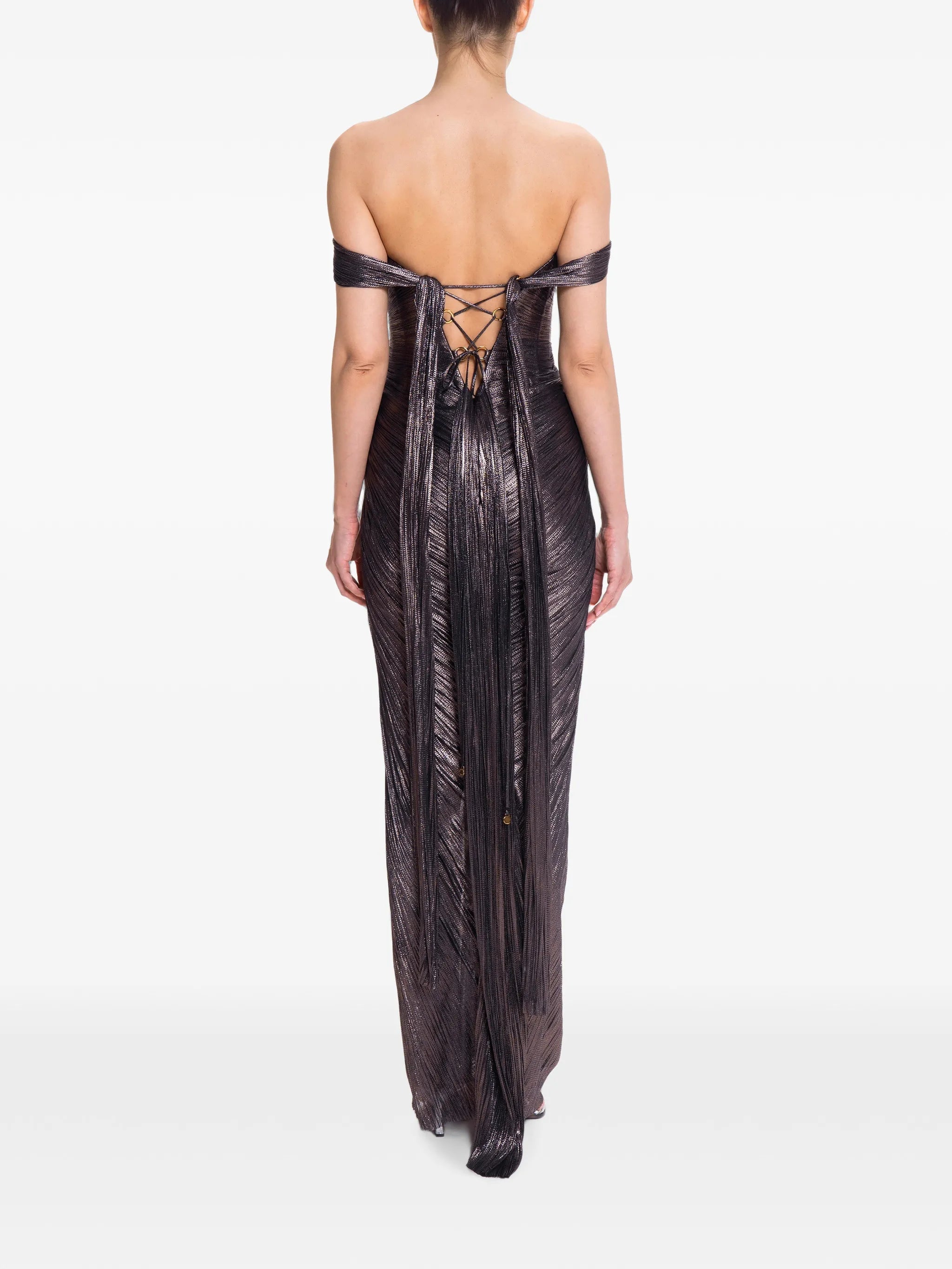 off-shoulder pleated maxi dress