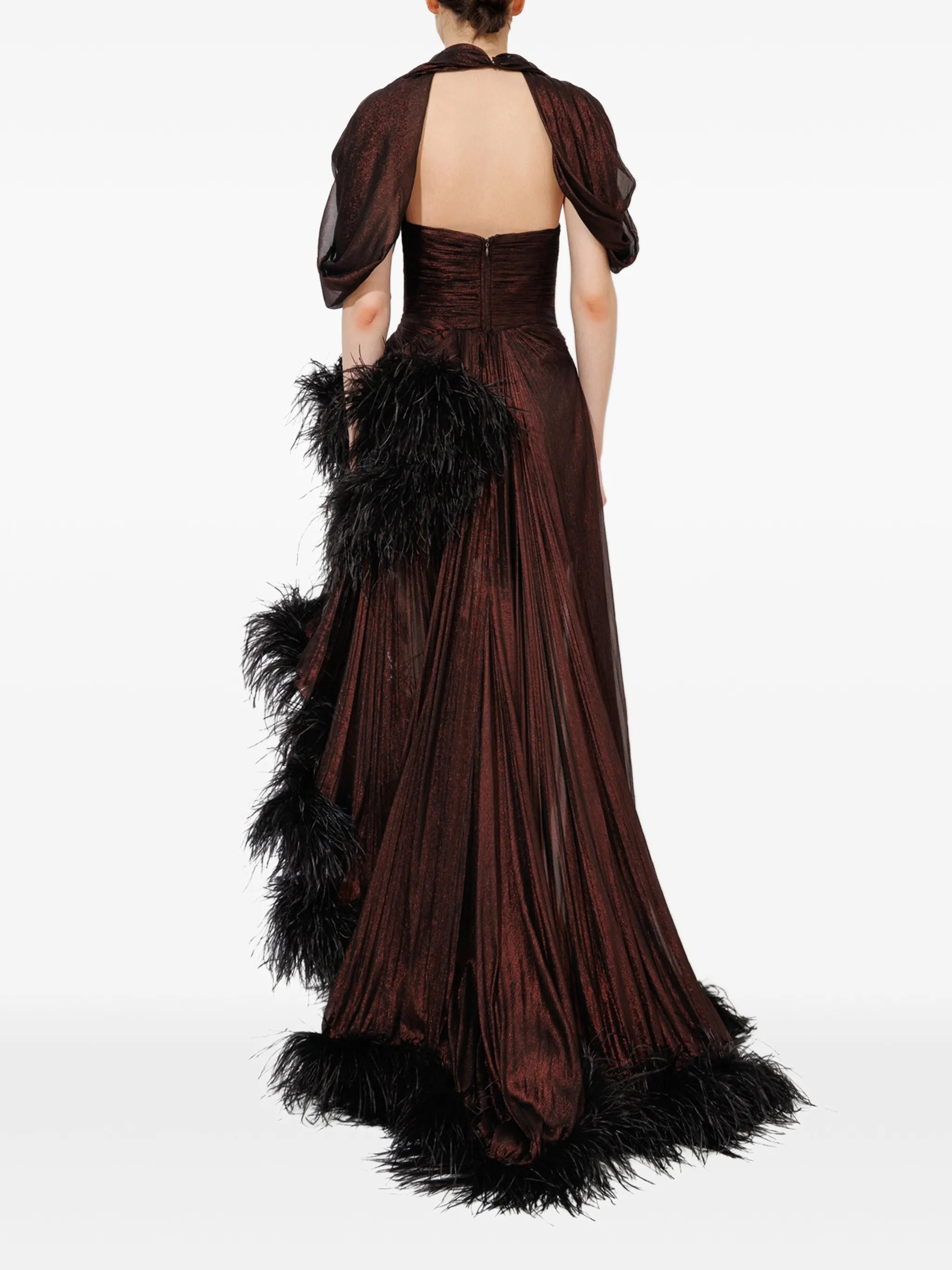 Lera feather-trim gown