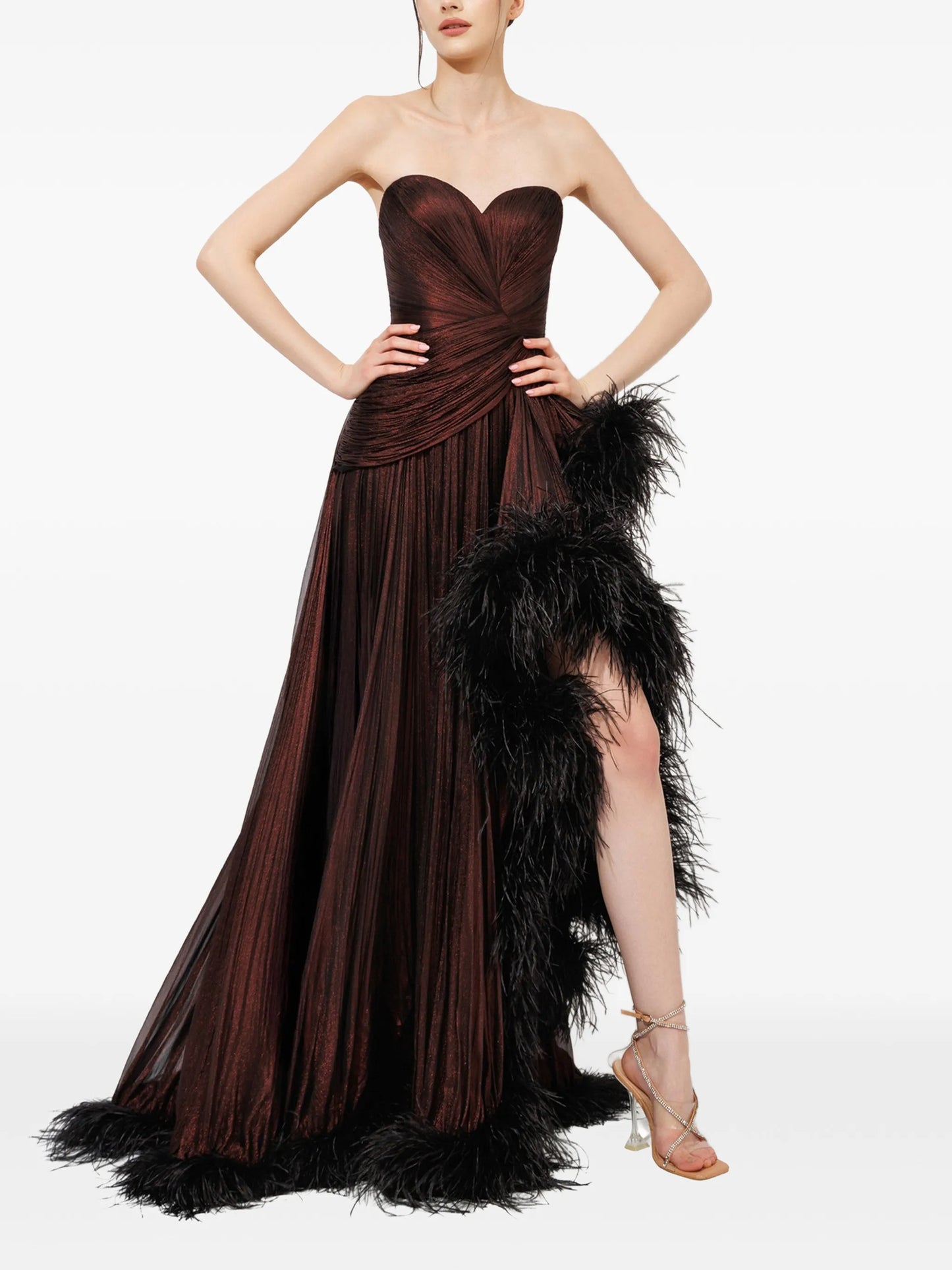 Lera feather-trim gown