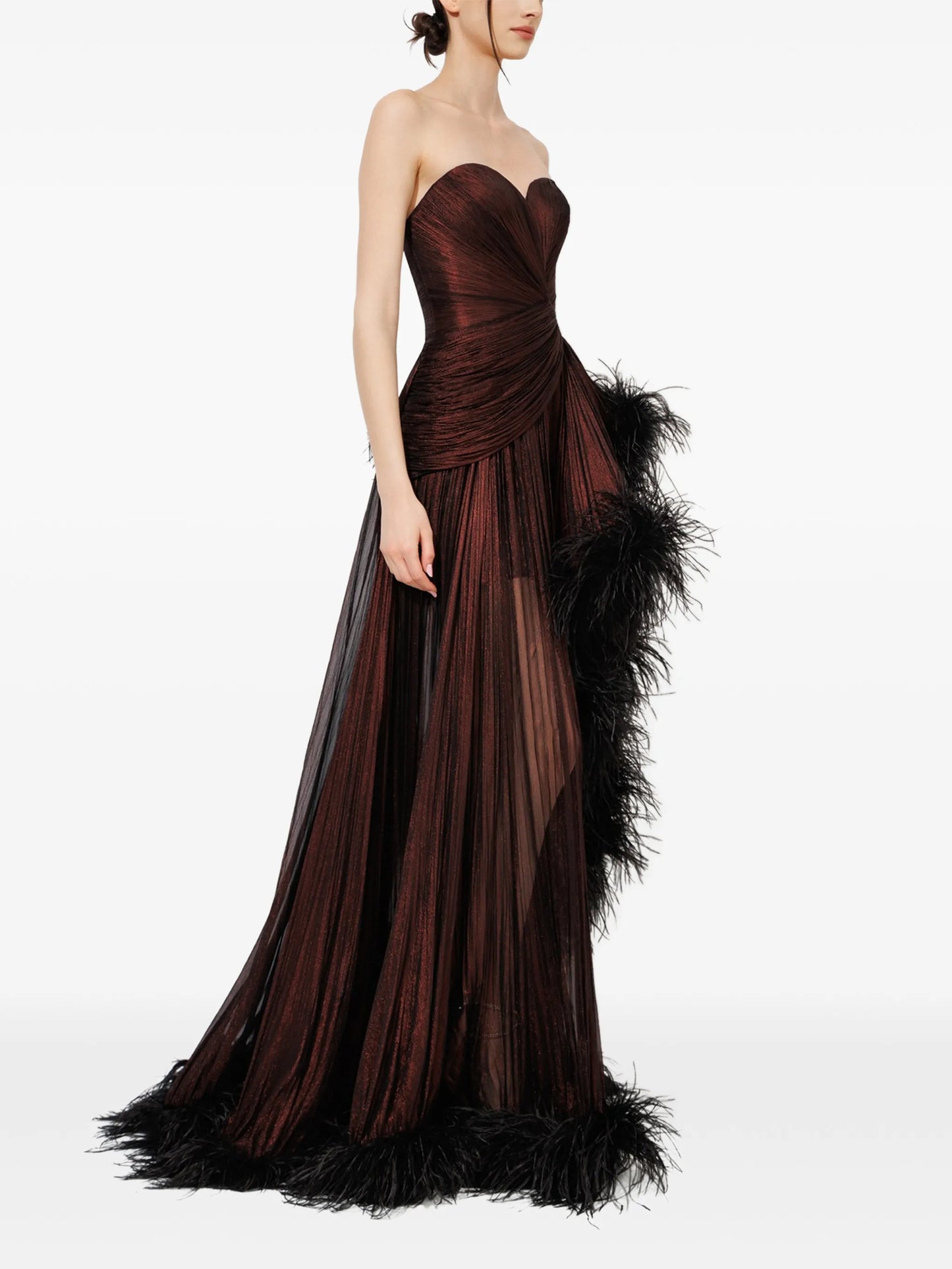 Lera feather-trim gown