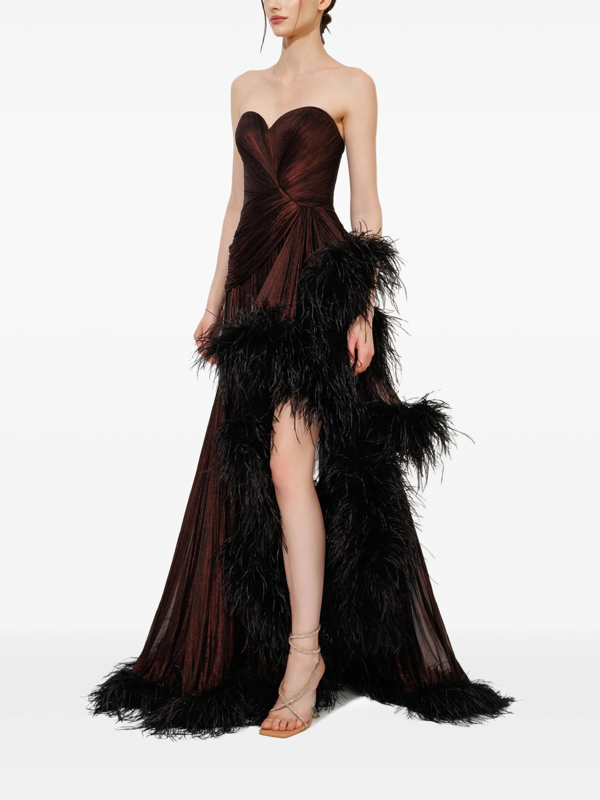 Lera feather-trim gown