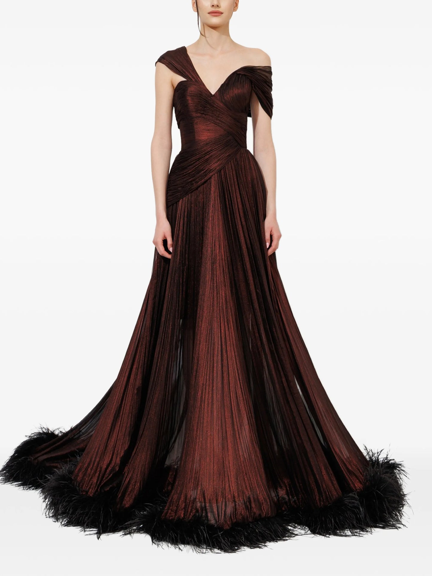 feather-trimmed pleated maxi dress