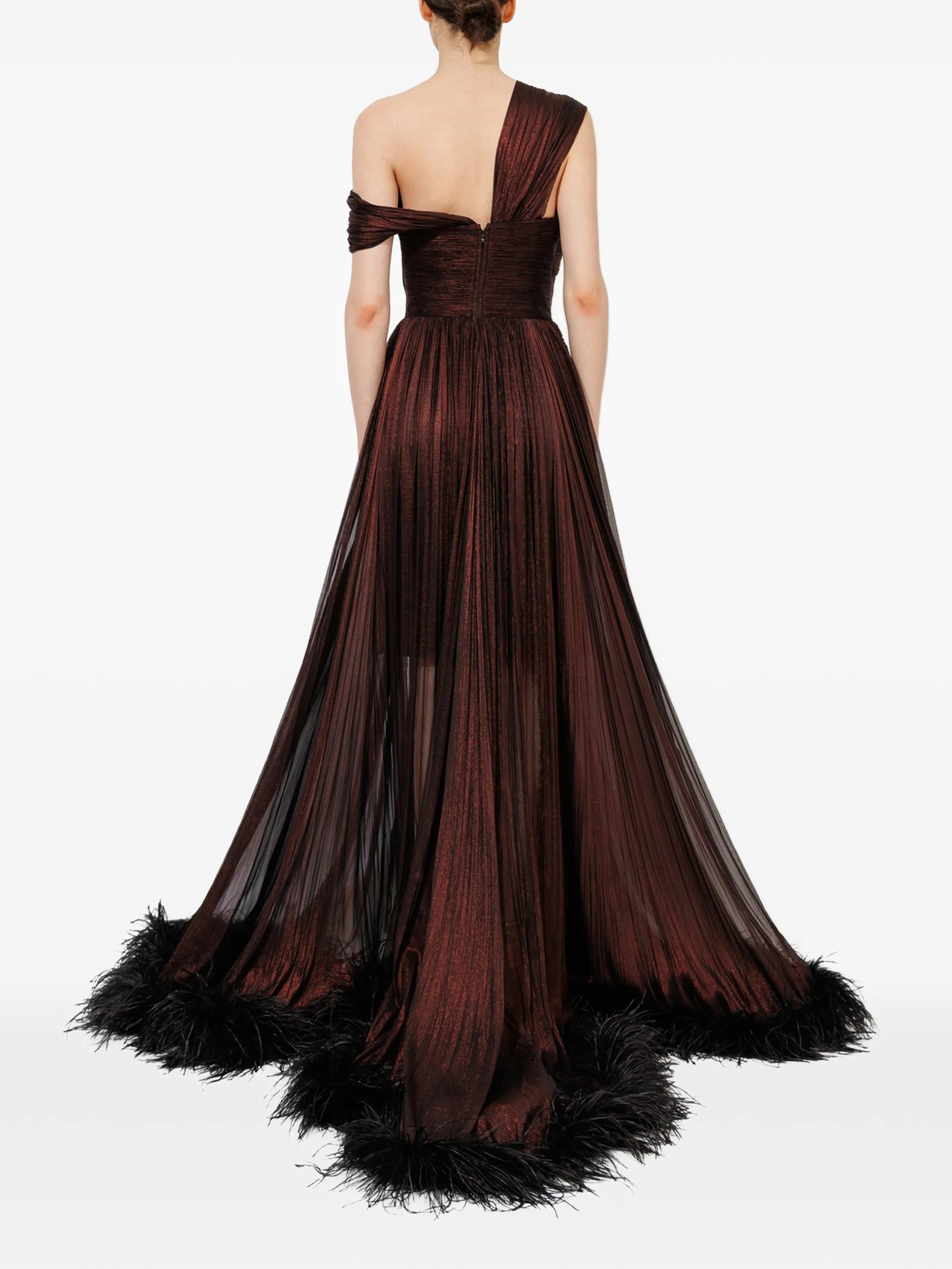 feather-trimmed pleated maxi dress