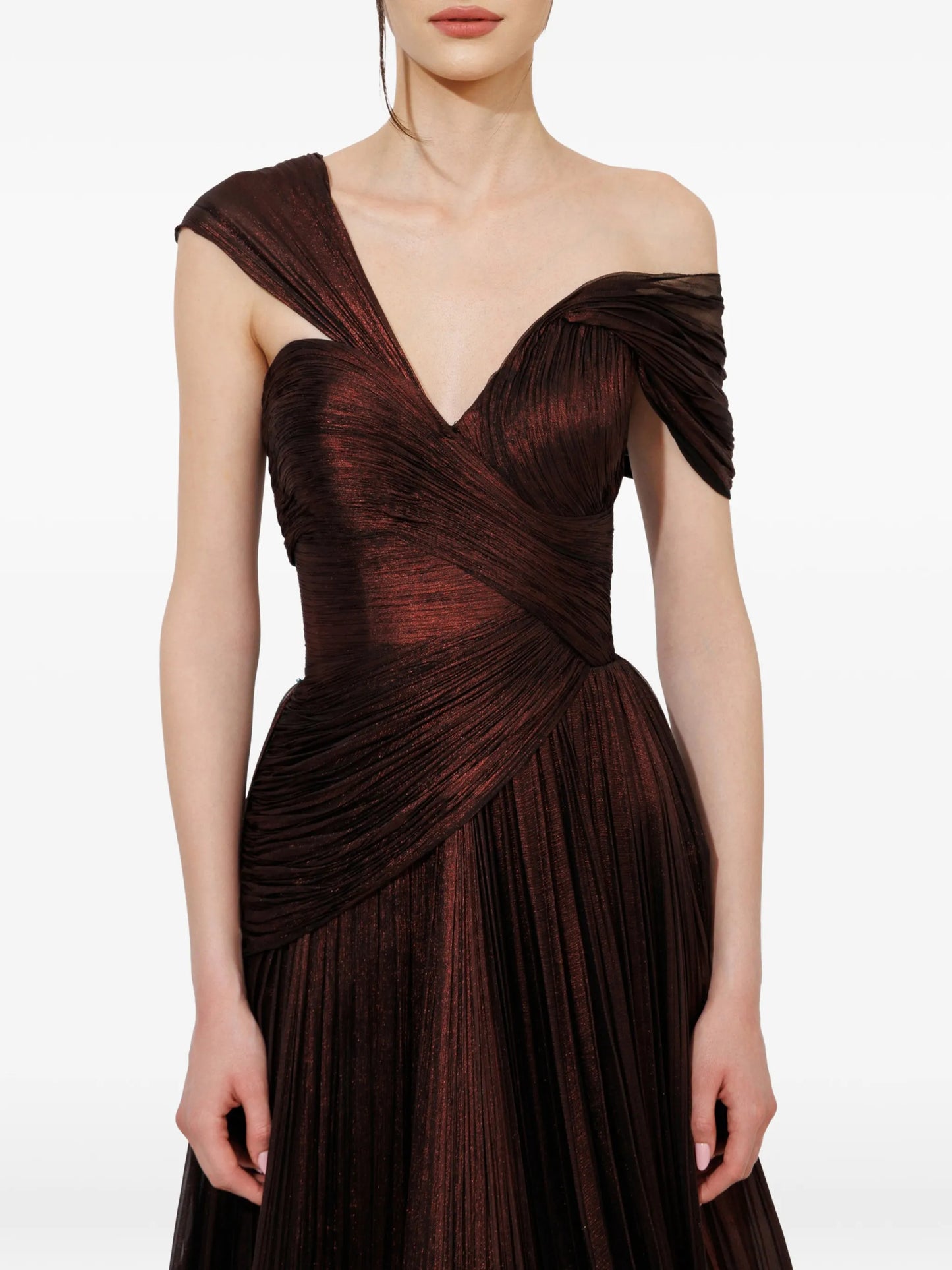 feather-trimmed pleated maxi dress