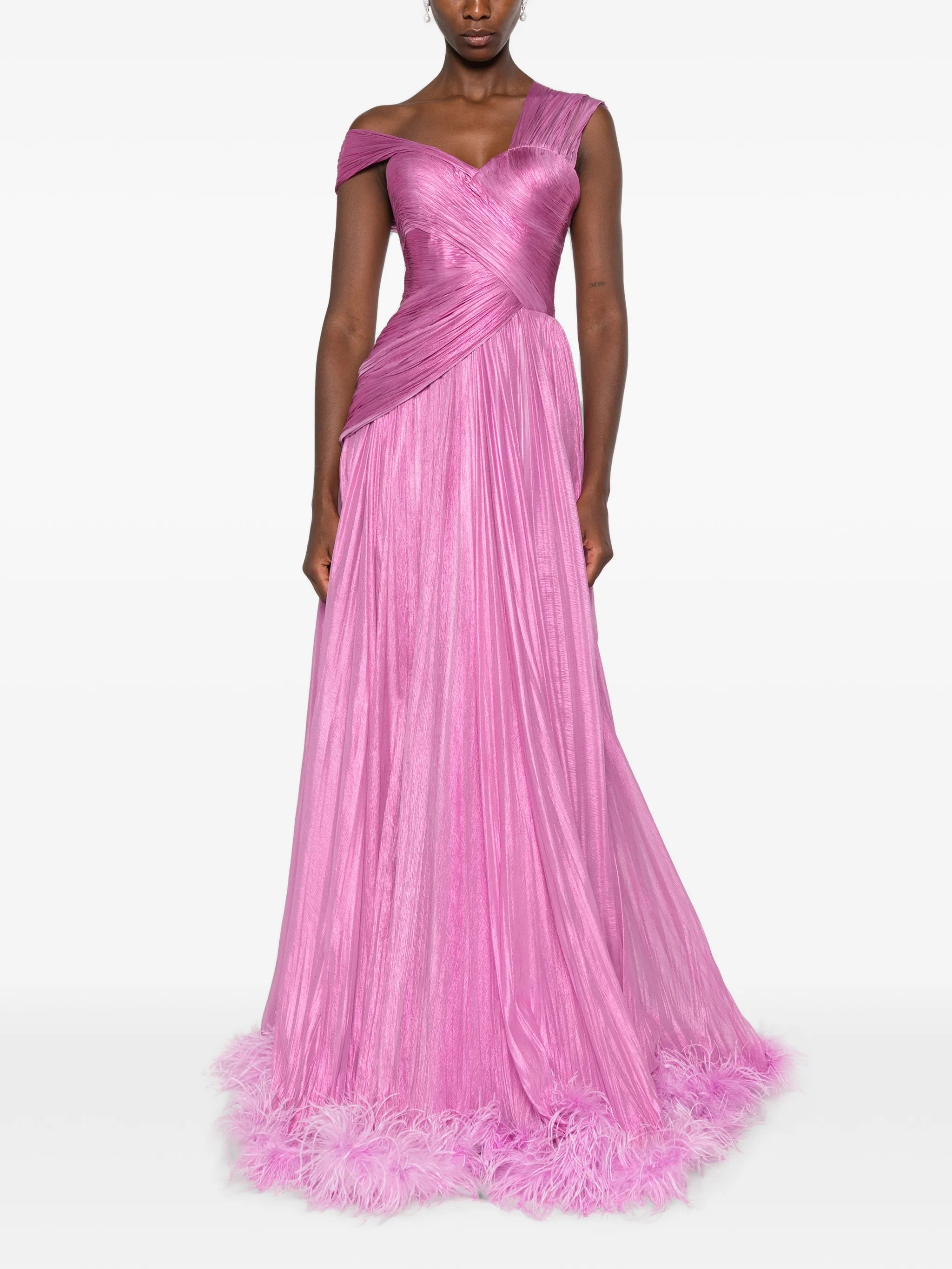 feather-trimmed pleated maxi dress