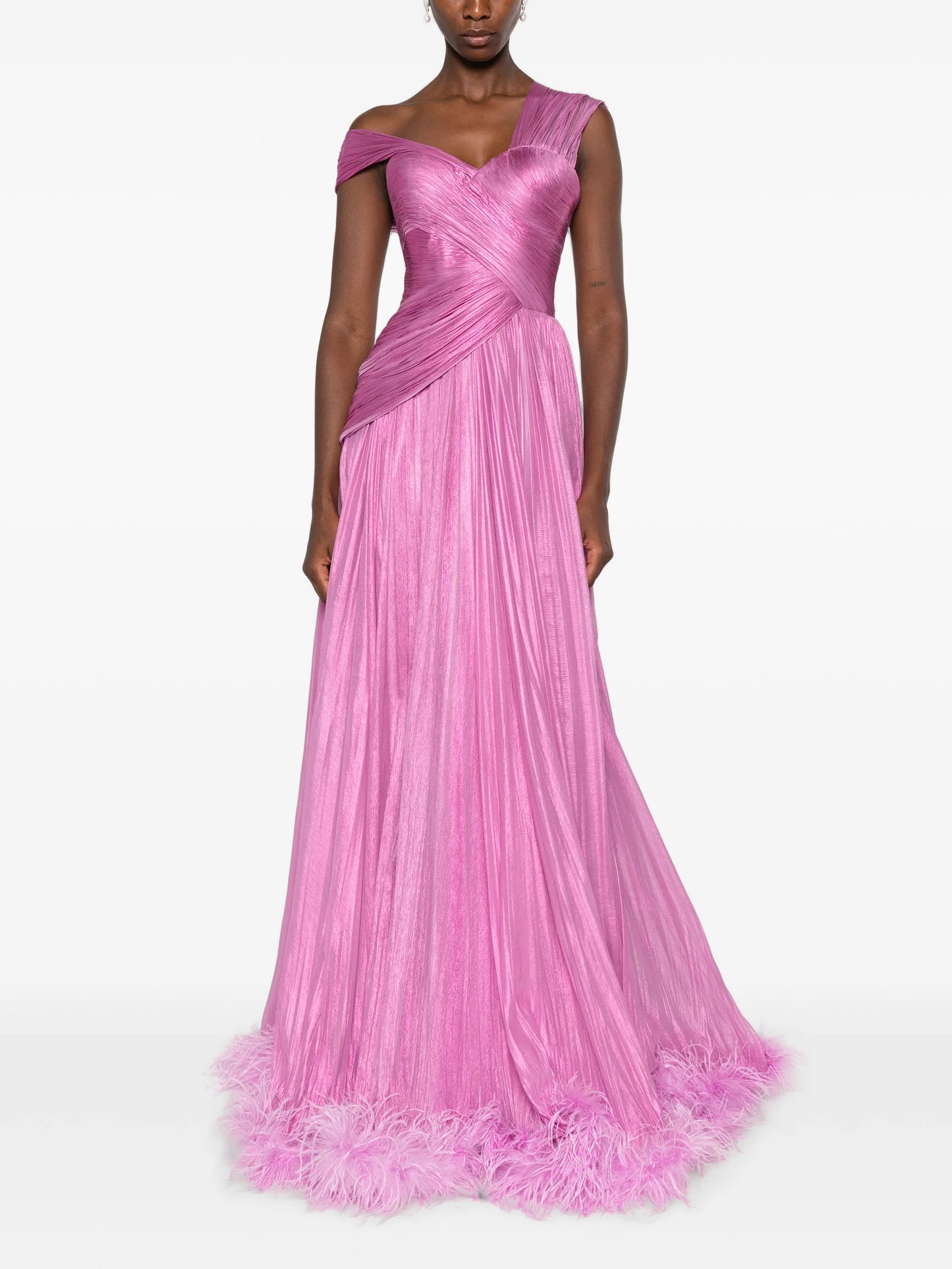 feather-trimmed pleated maxi dress