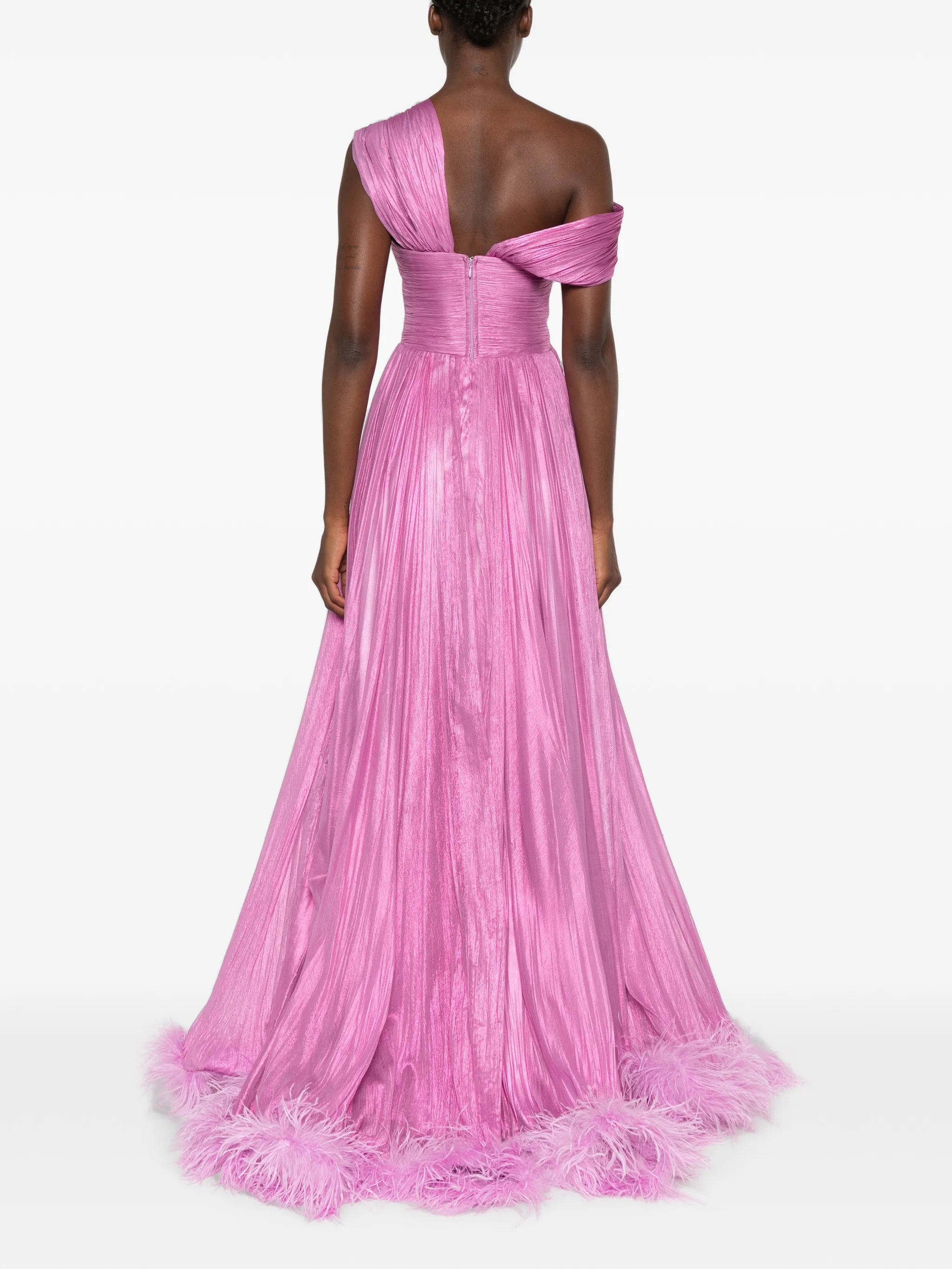 feather-trimmed pleated maxi dress