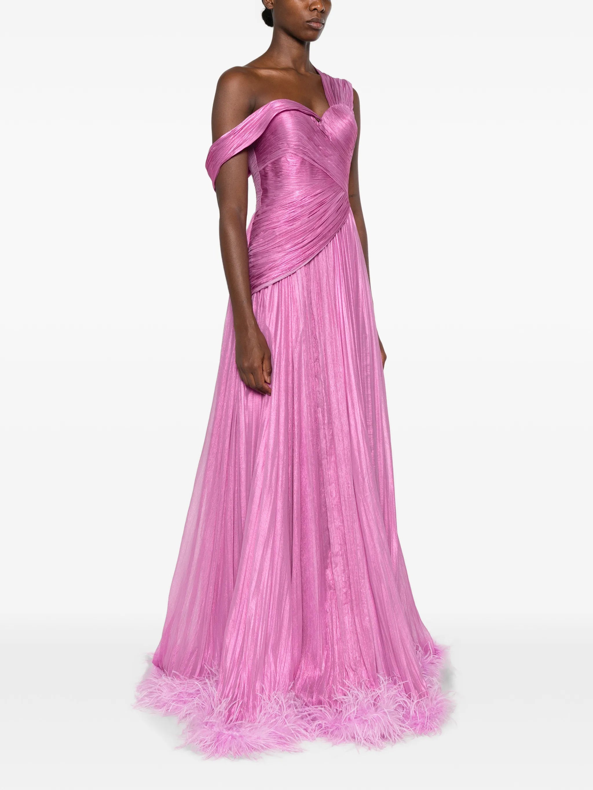 feather-trimmed pleated maxi dress