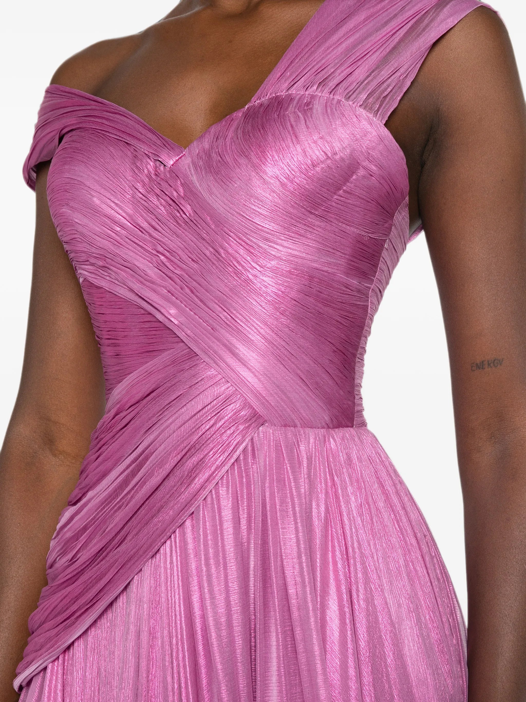 feather-trimmed pleated maxi dress