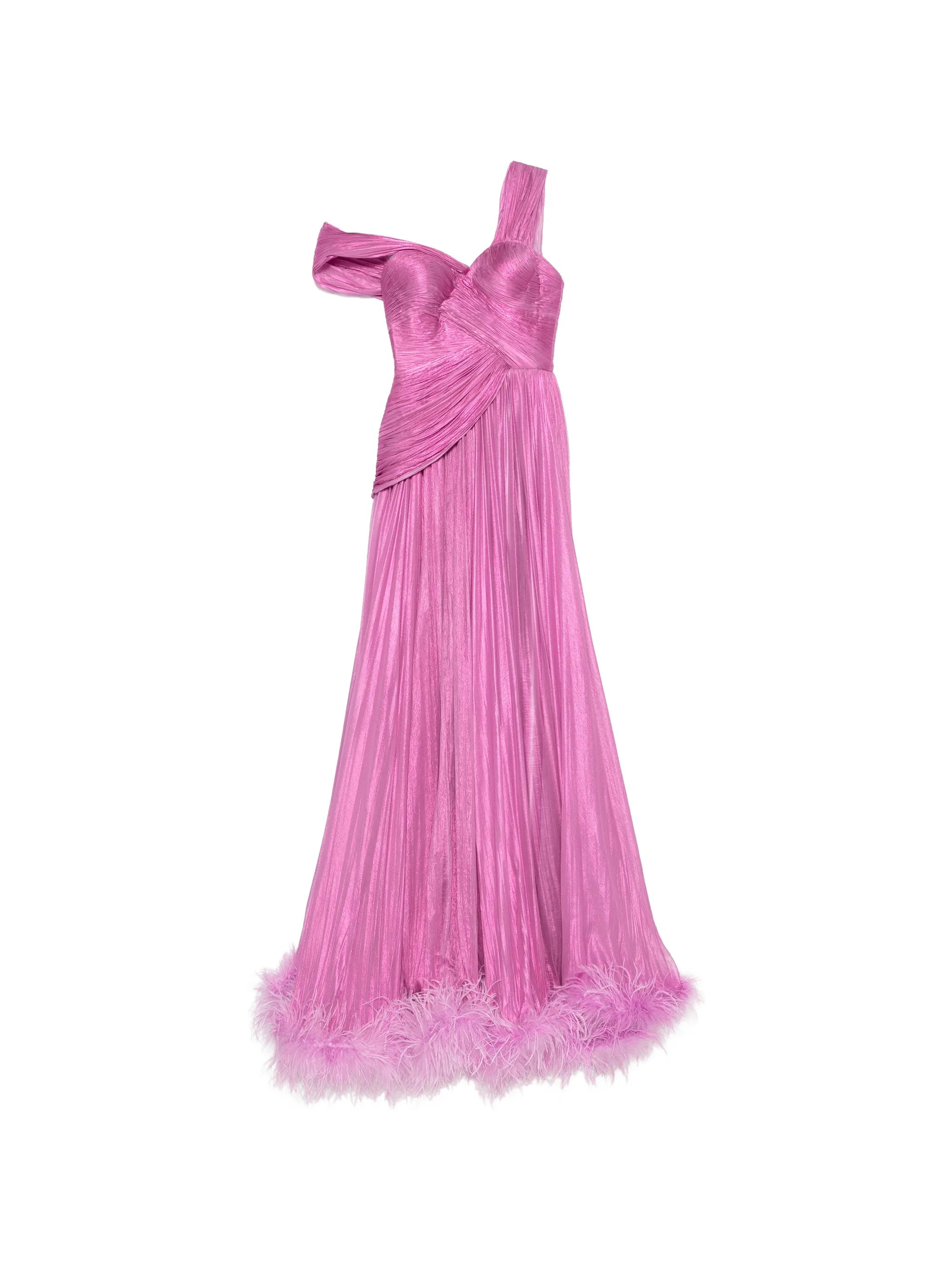feather-trimmed pleated maxi dress