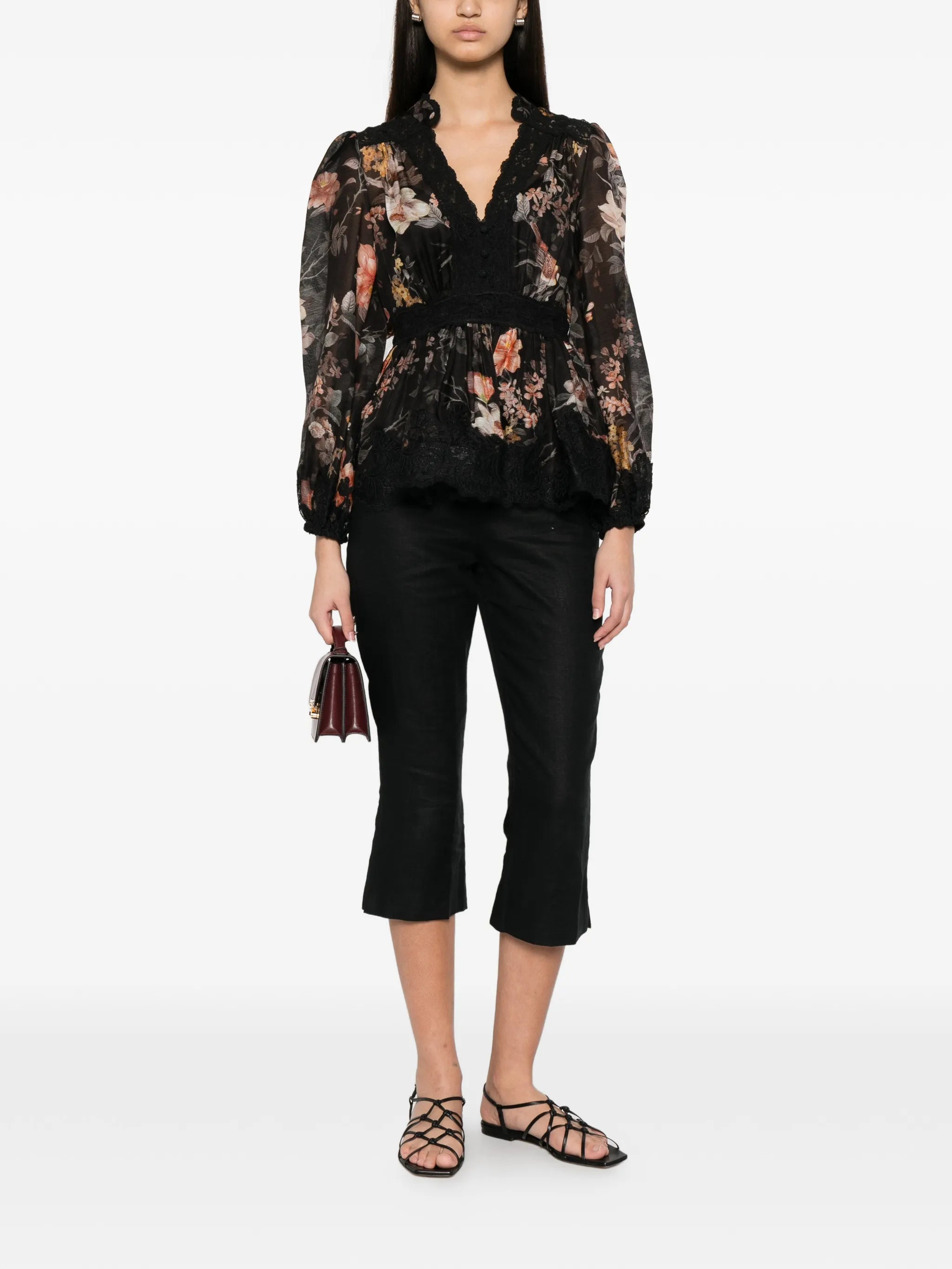 Carousel floral-print lace-trim blouse