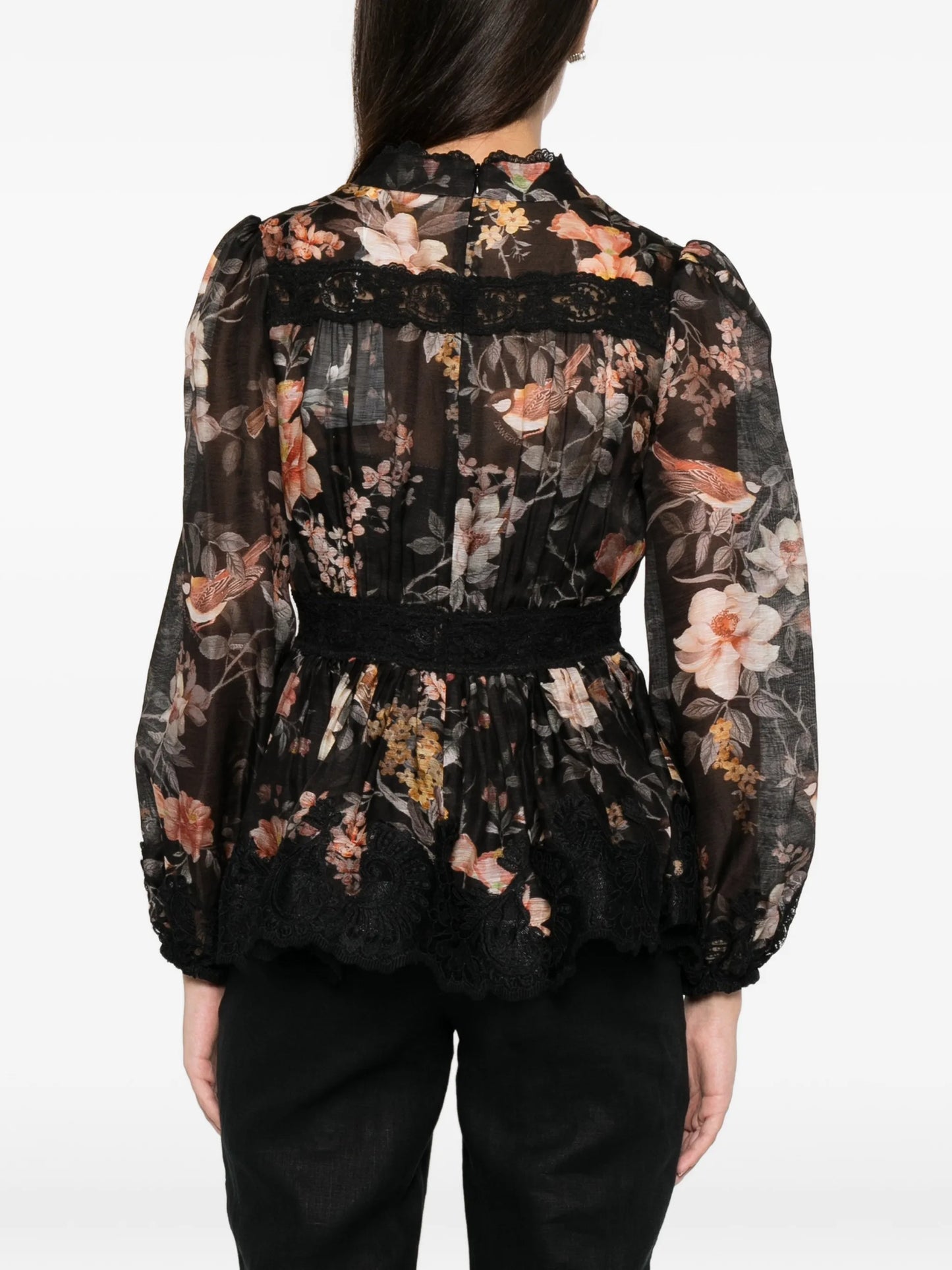 Carousel floral-print lace-trim blouse