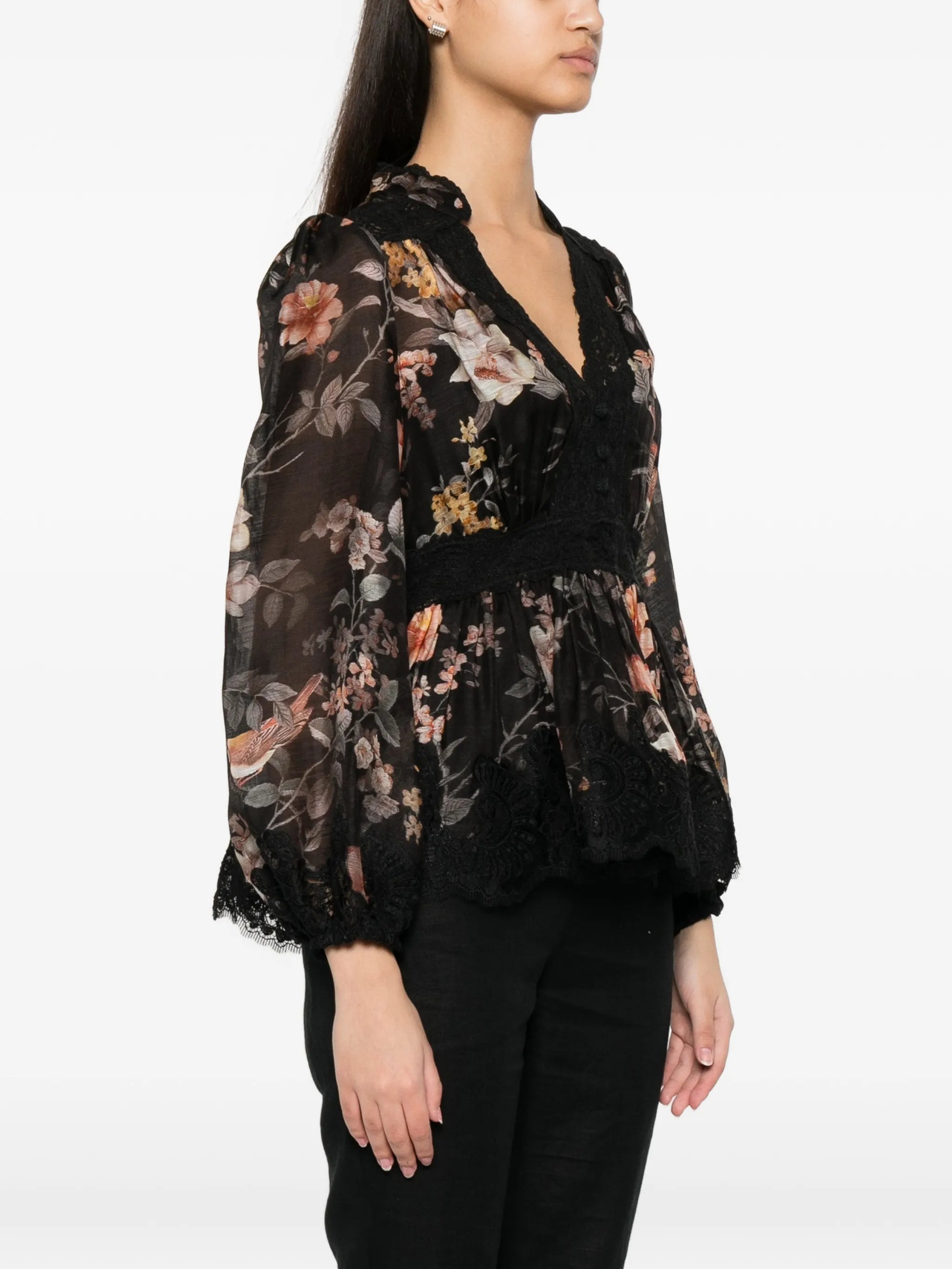 Carousel floral-print lace-trim blouse