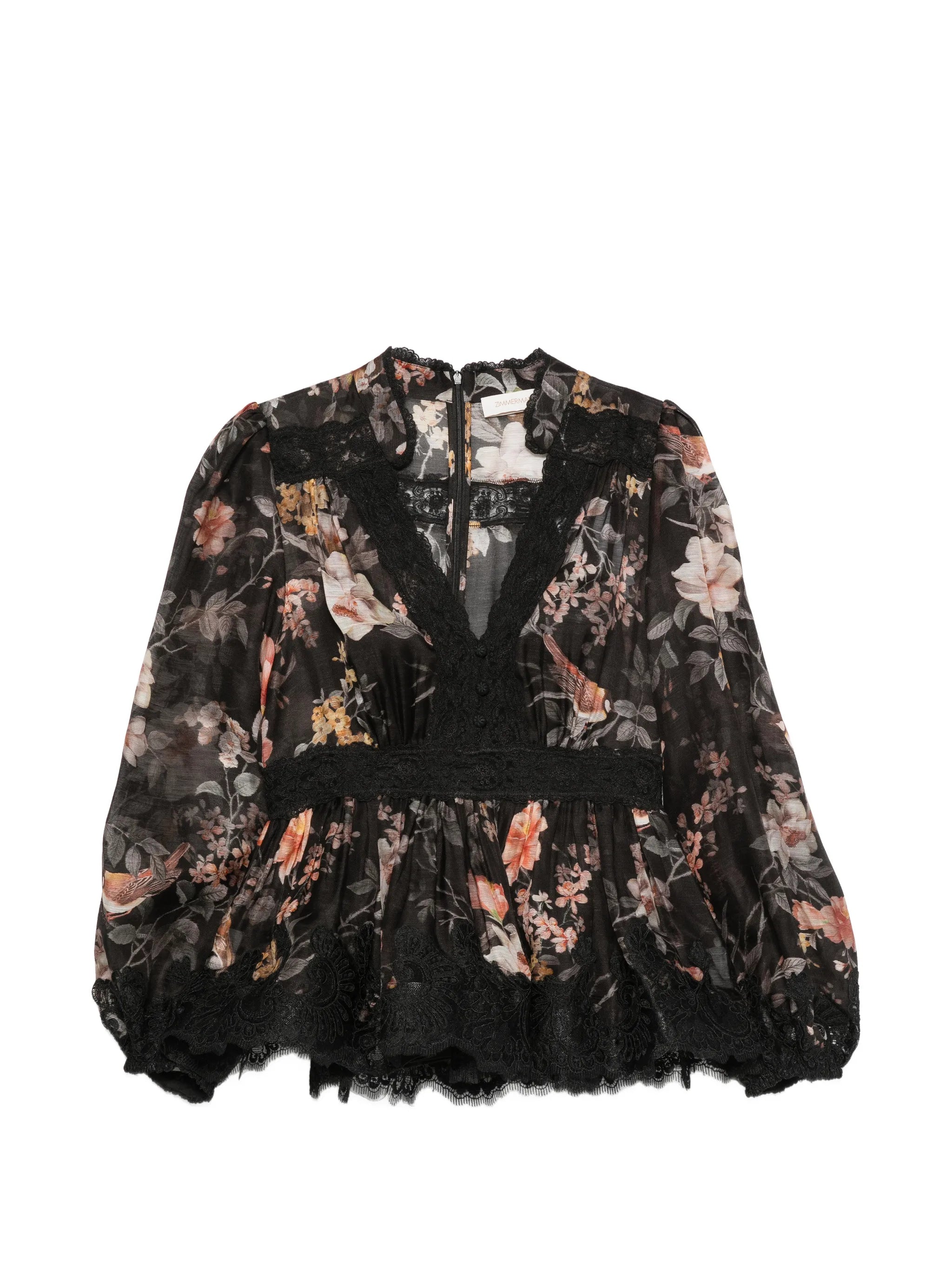 Carousel floral-print lace-trim blouse