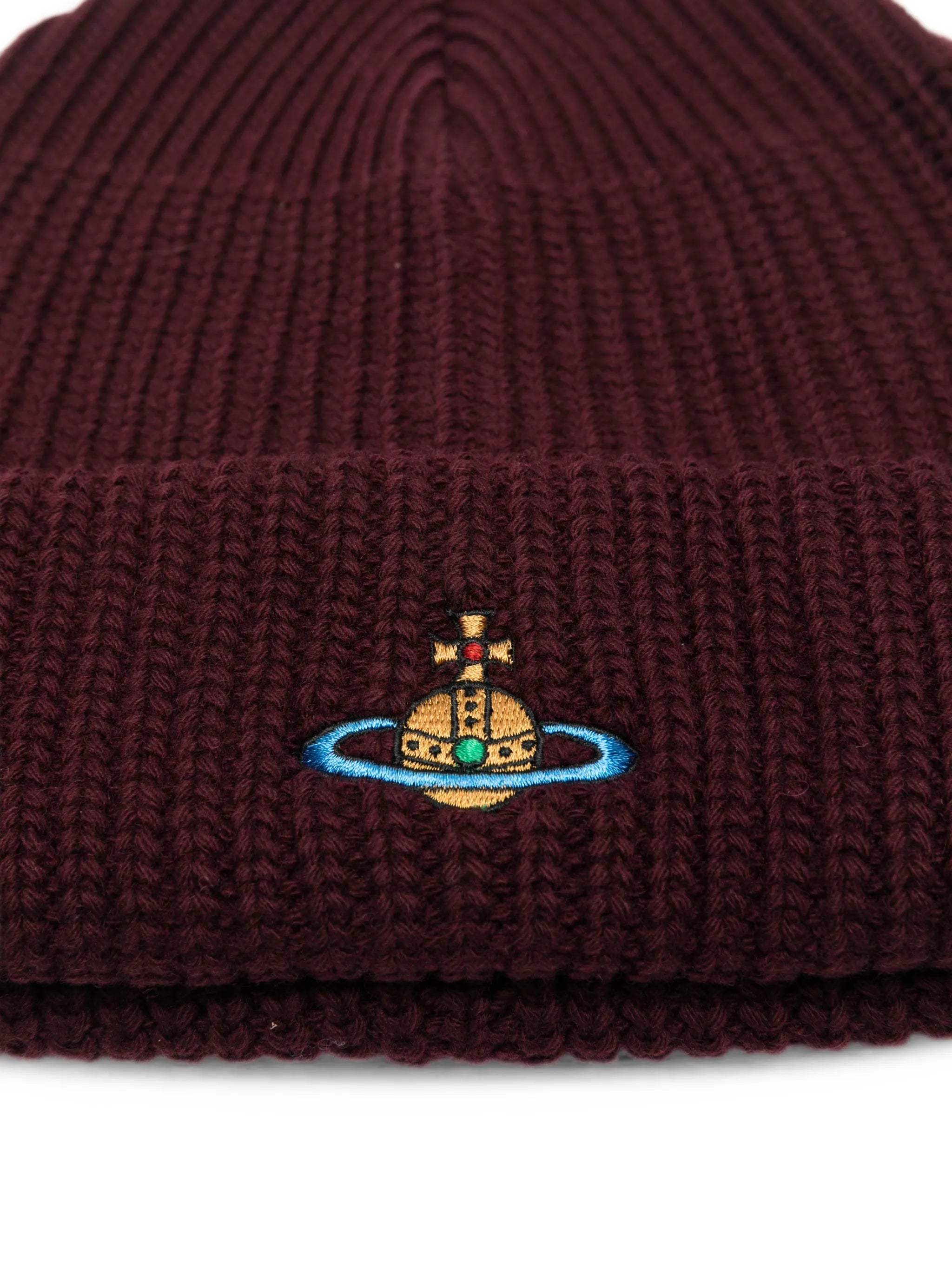 Orb-embroidered ribbed-knit beanie hat