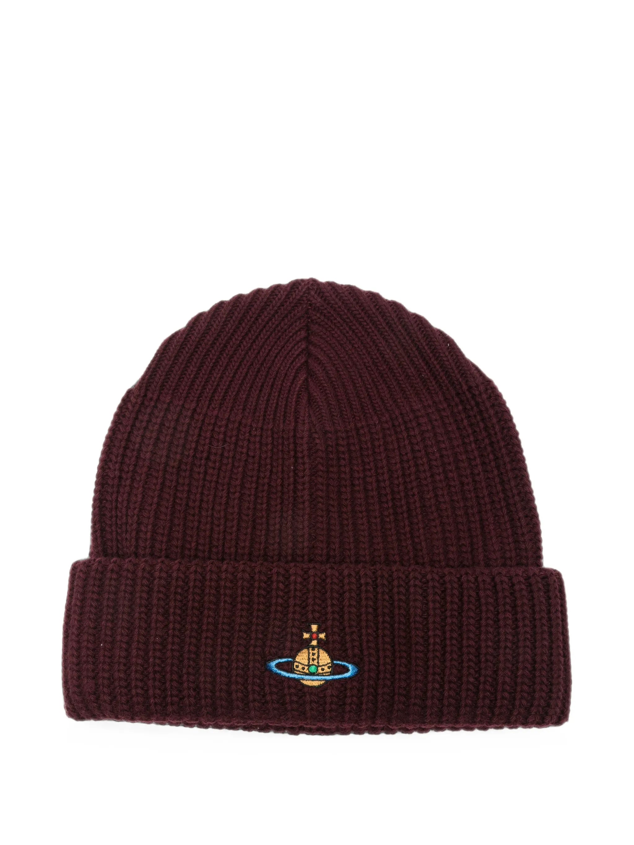 Orb-embroidered ribbed-knit beanie hat