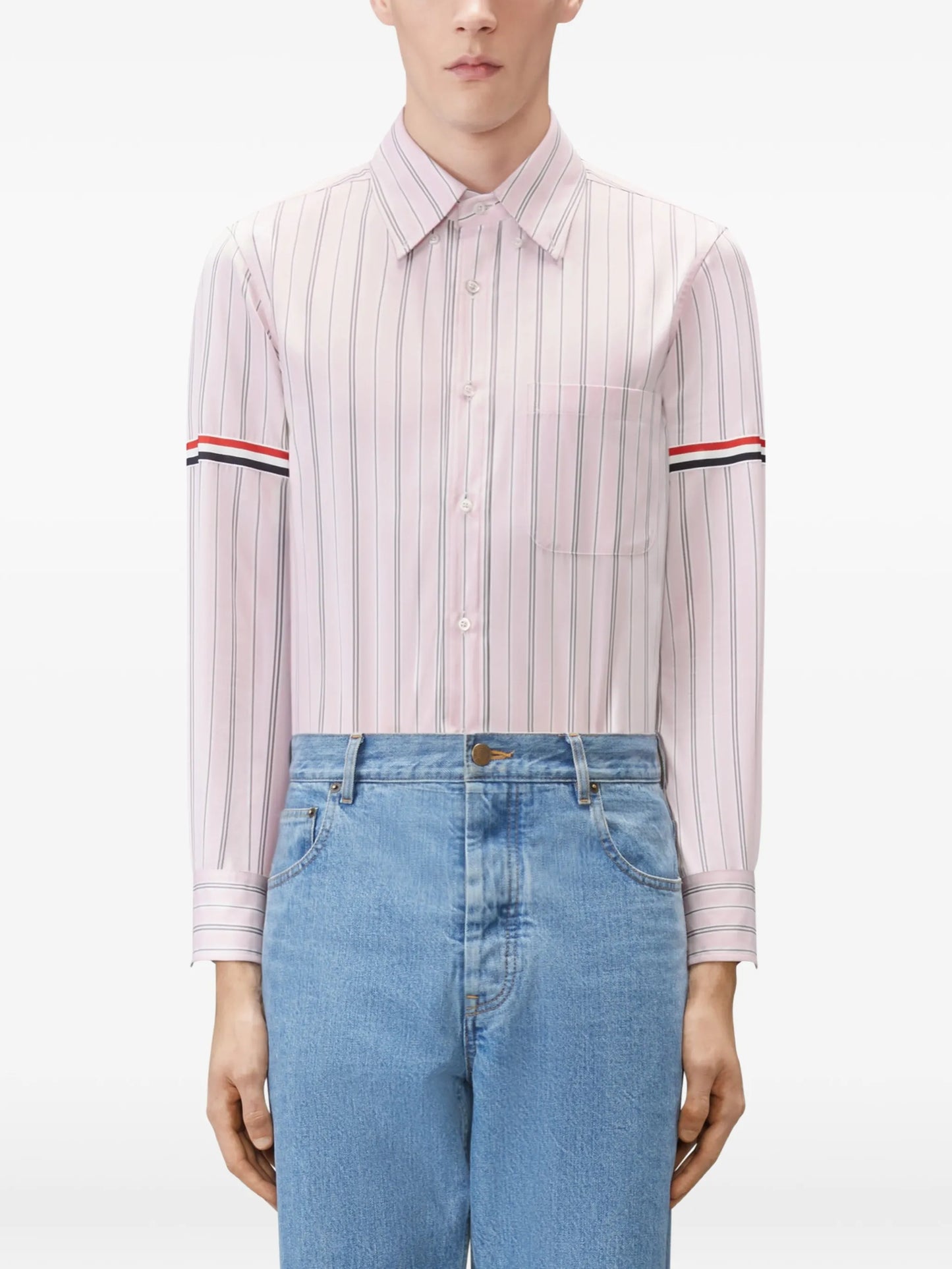 Madras hairline-stripe armband shirt