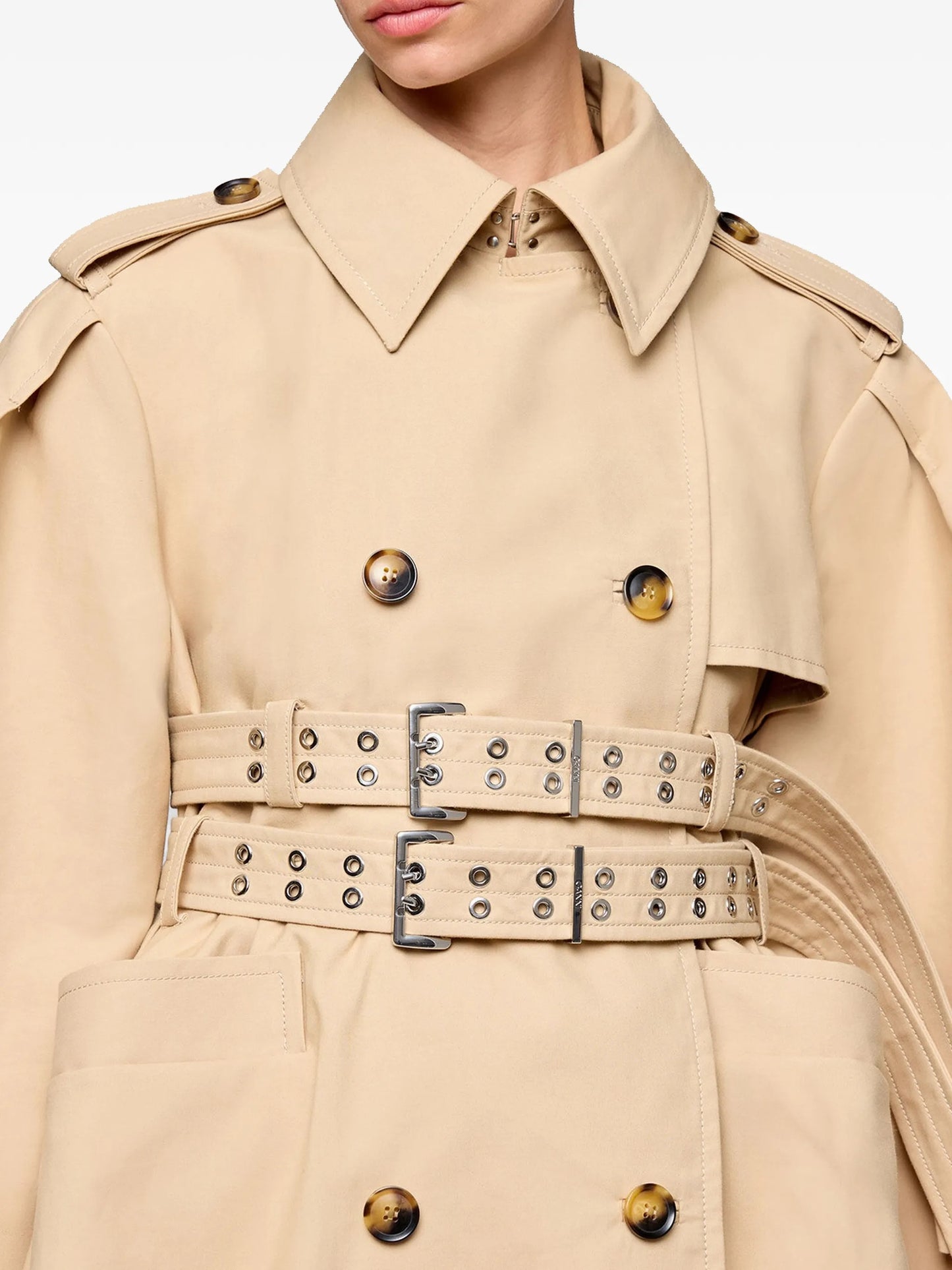 peplum-waist double-belted trench coat