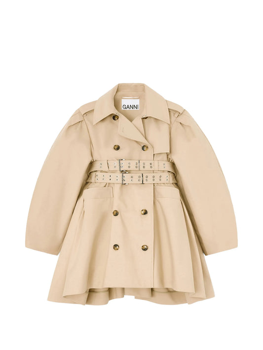 peplum-waist double-belted trench coat