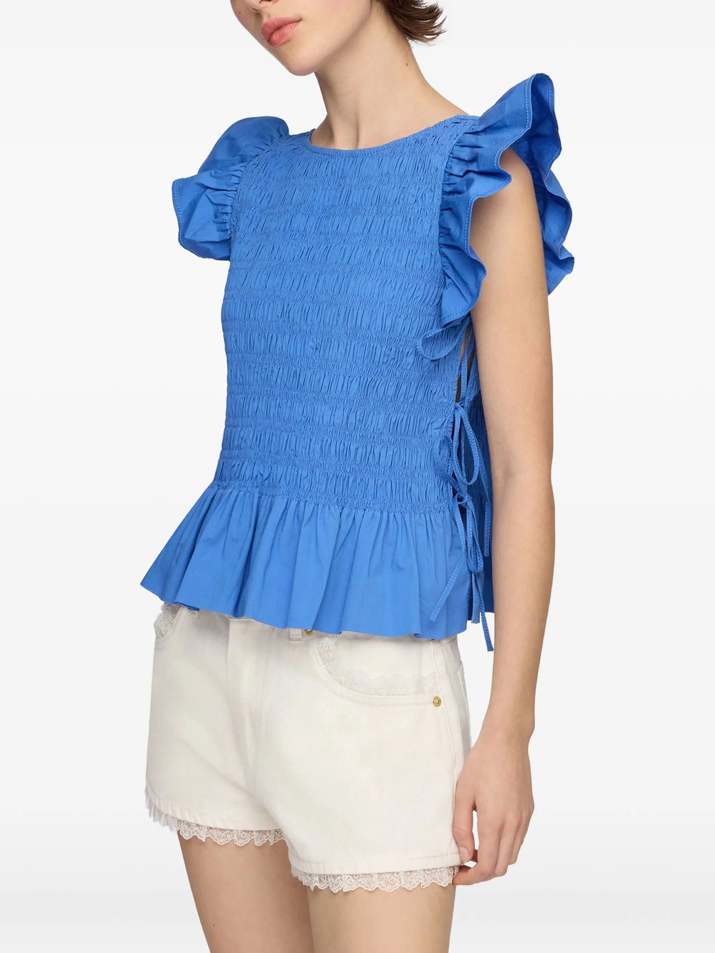 ruffled-sleeve smocked blouse