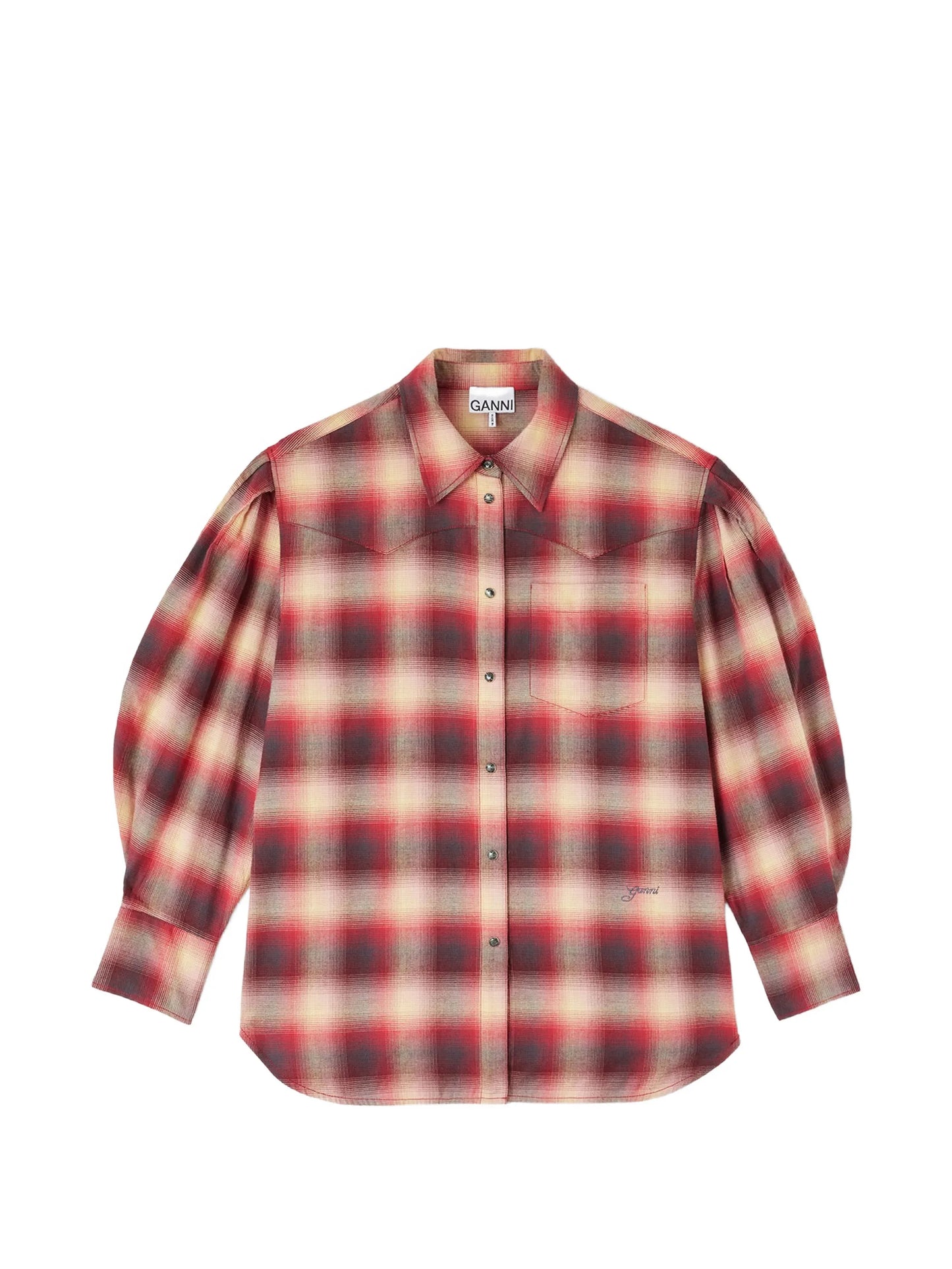 checked puff-sleeve shirt