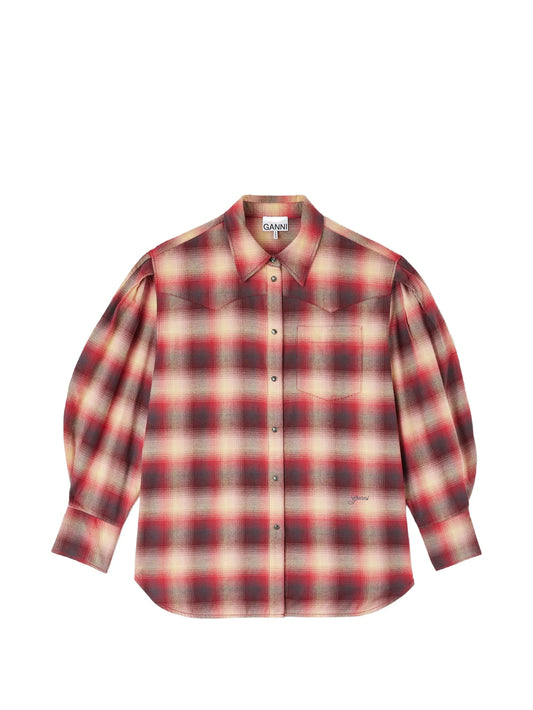 checked puff-sleeve shirt