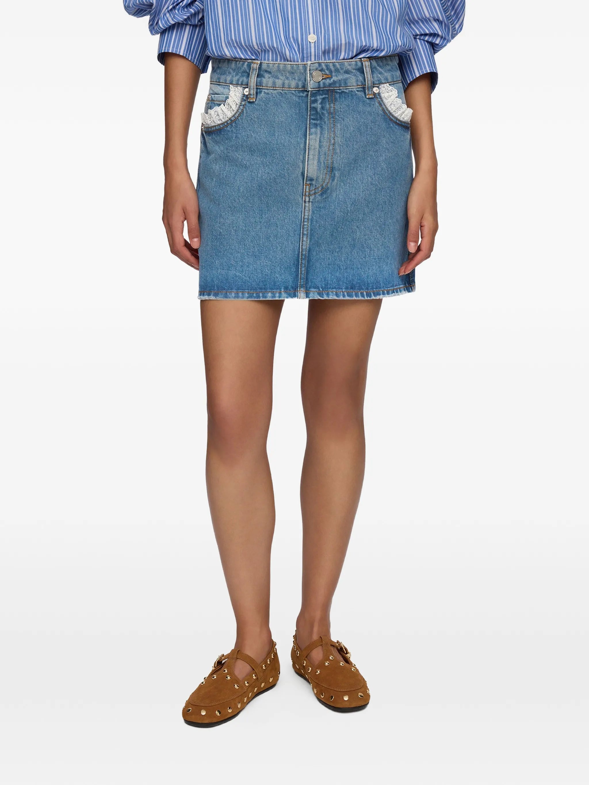 lace-trim denim skirt
